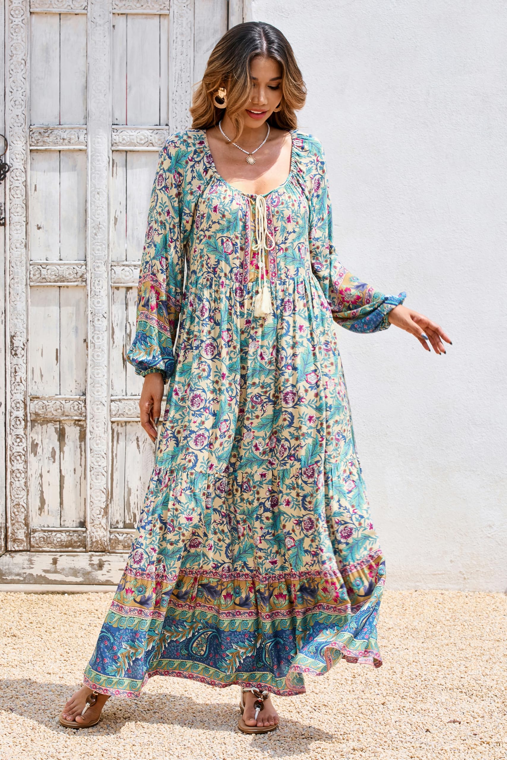 R.Vivimos Donna Quadrato Collo Floreale Maxi Abito Manica Lunga Sciolto Ruffle Vestito Vacanza Spiaggia