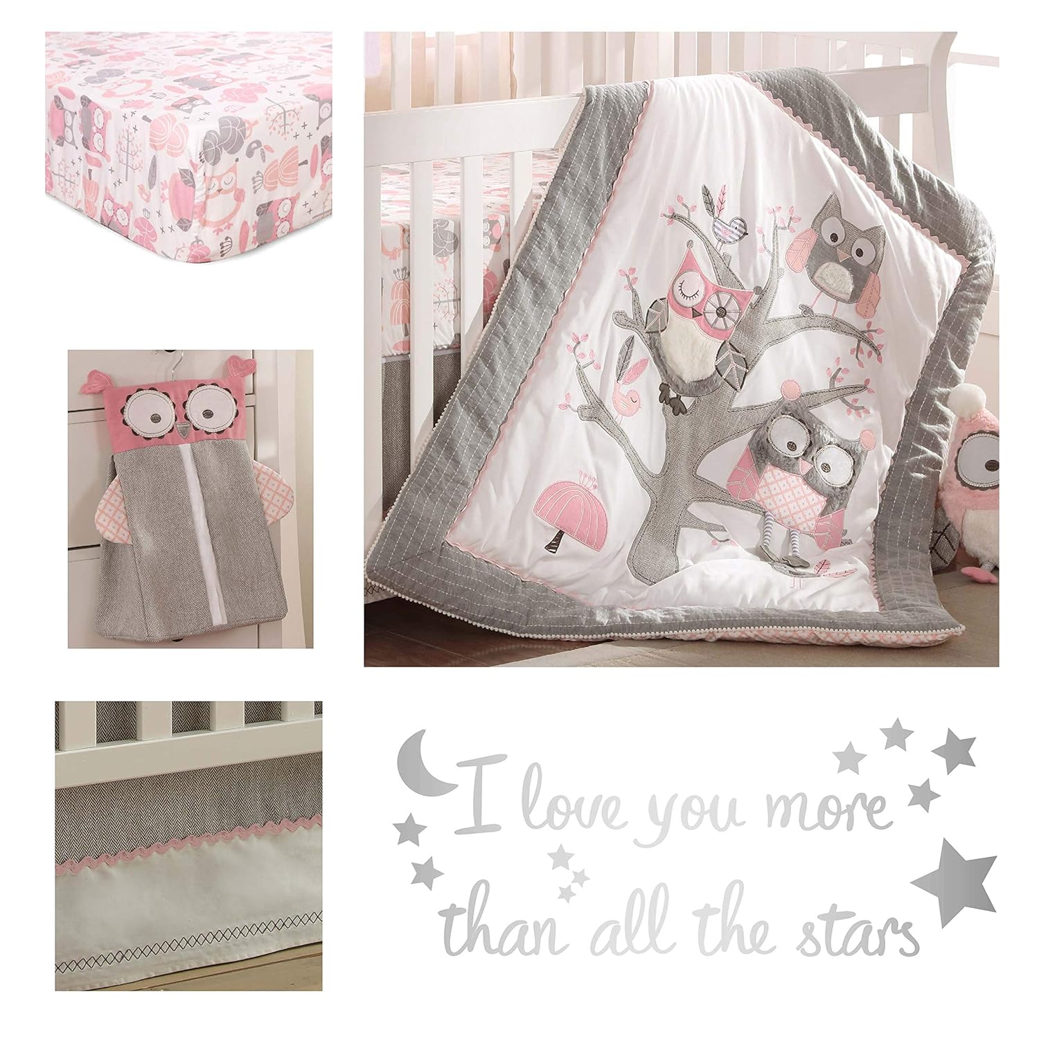 Levtex Baby - Night Owl Pink Crib Bed Set - Baby Nursery Set - Pink, Grey, White - Owls in a Tree - 5 Piece Set Includes Quilt, Fitted Sheet, Diaper Stacker, Wall Decal & Crib Skirt/Dust Ruffle : Baby