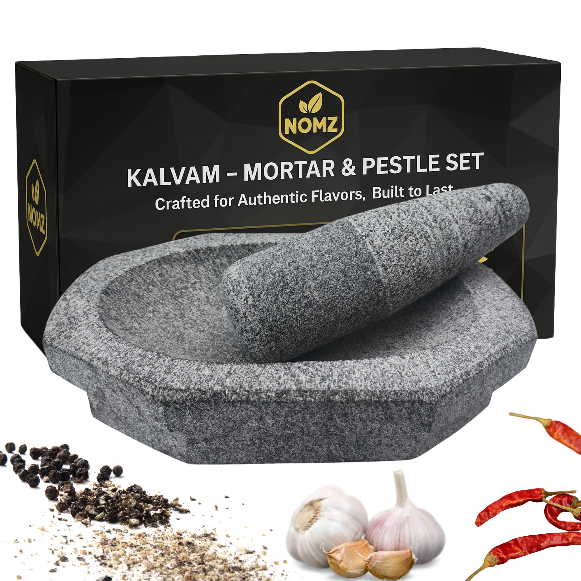 NOMZ Stone Mortar and Pestle Set (Kalvam) 10 Inch, 4.8 Kg, 2 Cup | Handmade Silbatta for Chutney & Masala | Heavy Duty Khalbatta | Anti-Skid Pad & Silicone Spatula Included