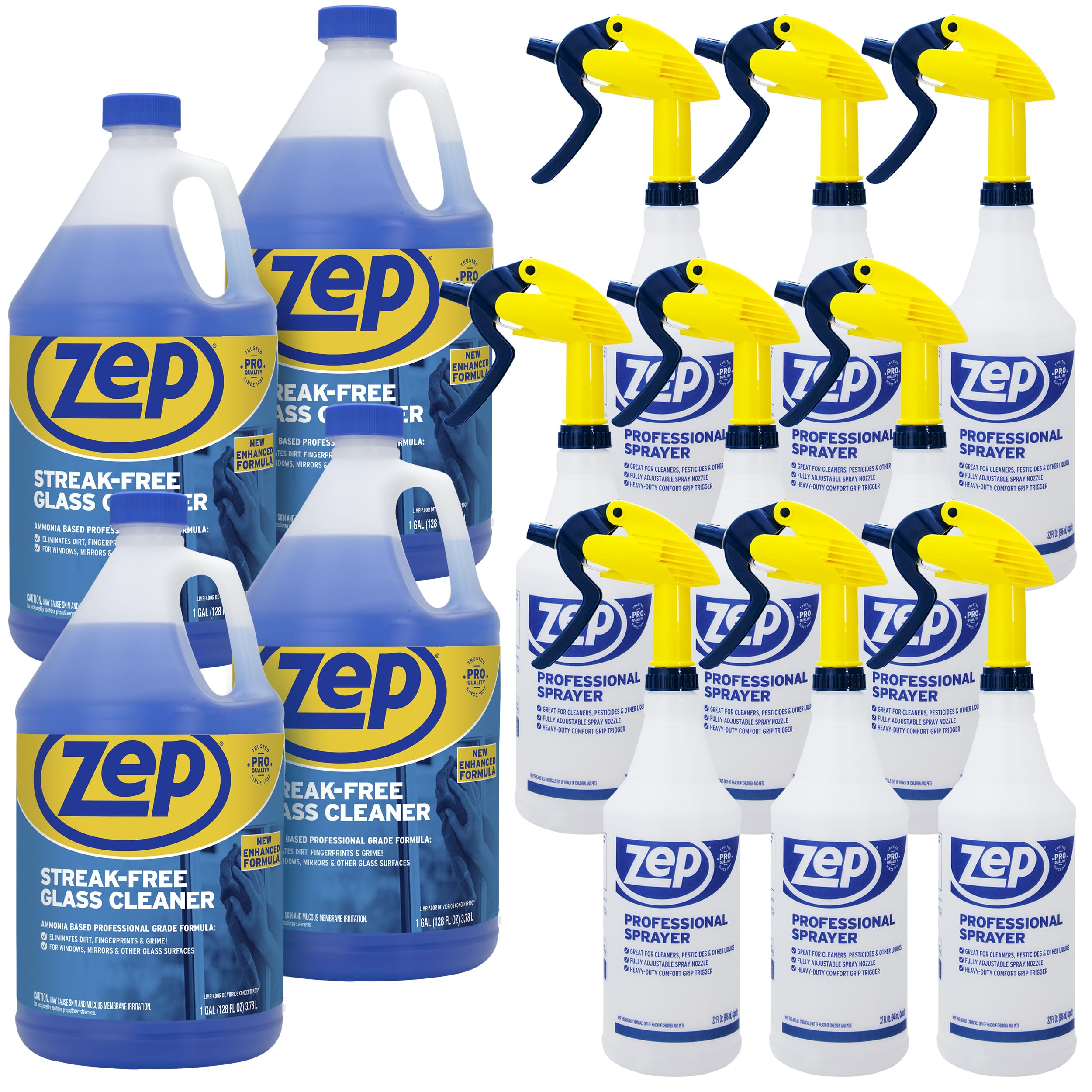 Zep Streak-Free Glass Cleaner 1 Gal (Case of 4) Professional Sprayer Bottle (Case of 9) - ZU1120128 - Ammonia Based Professional Grade Formula