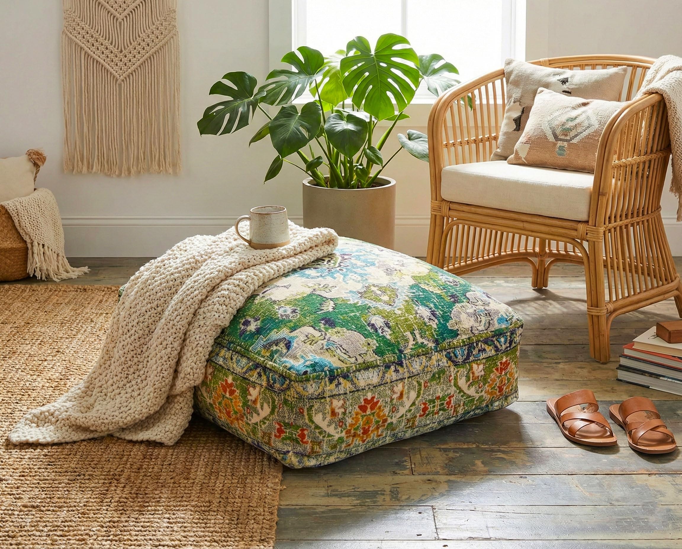 Mandala Life ART Funda de cojín de Piso Bohemian Rug - Cuadrada 60x20 cm - Puf de decoración de habitación Artesanal de Lujo para meditación, Yoga y Boho Chic Funda de Almohada de Piso para Asientos