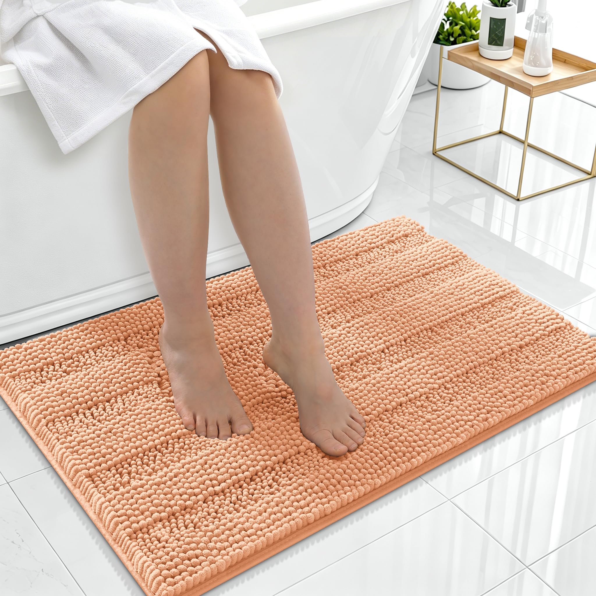 Smiry Thick Chenille Bathroom Rugs 36x24, Soft Absorbent Bath Mat, Peach