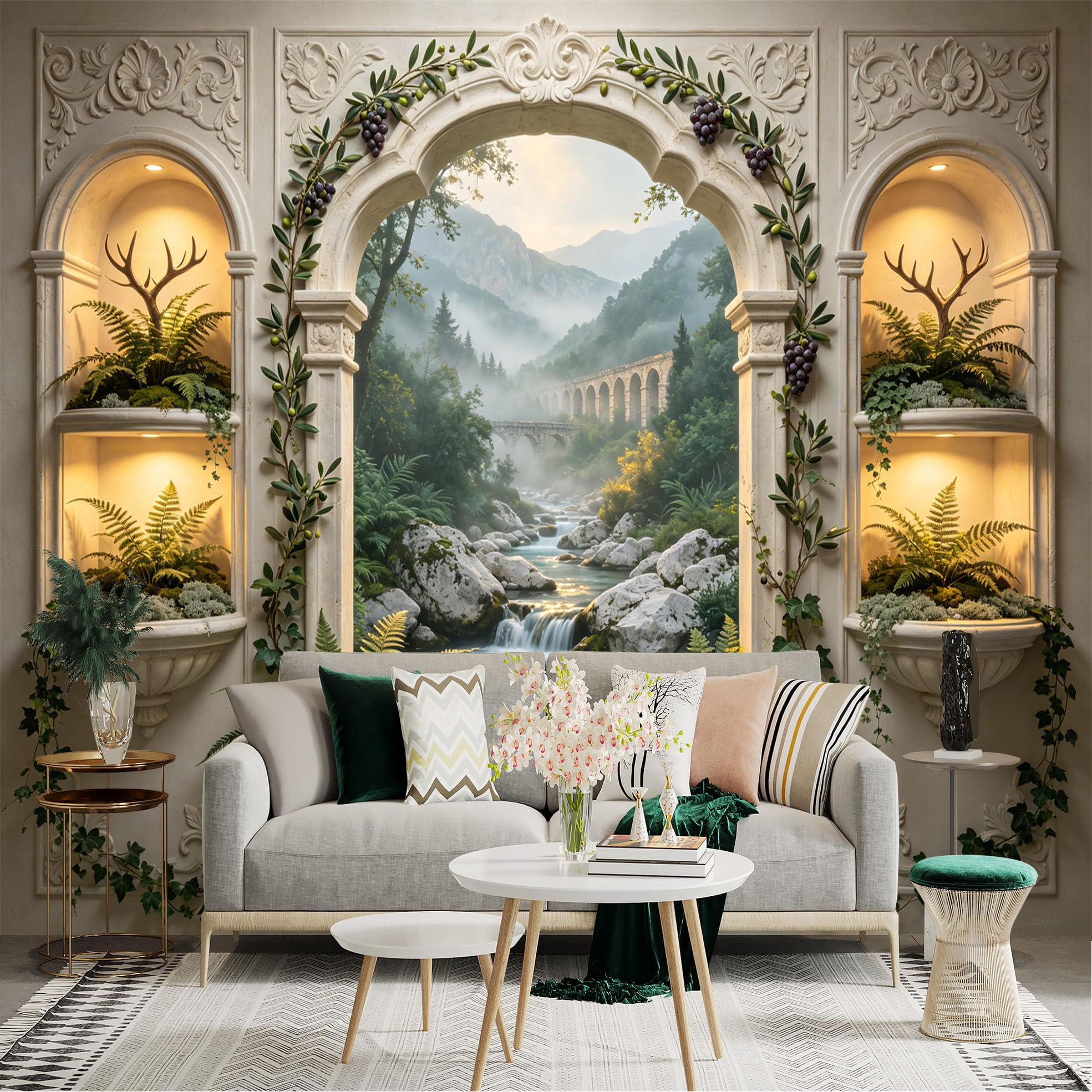Lnzczhyre Dbh260521233 Custom Size Wall Sticker Mural， Scenic Stone Arch Window View， Misty Mountain Stream， Fern Foliage Decor， For Wall Decoration， Peelandstick Wall Decals.