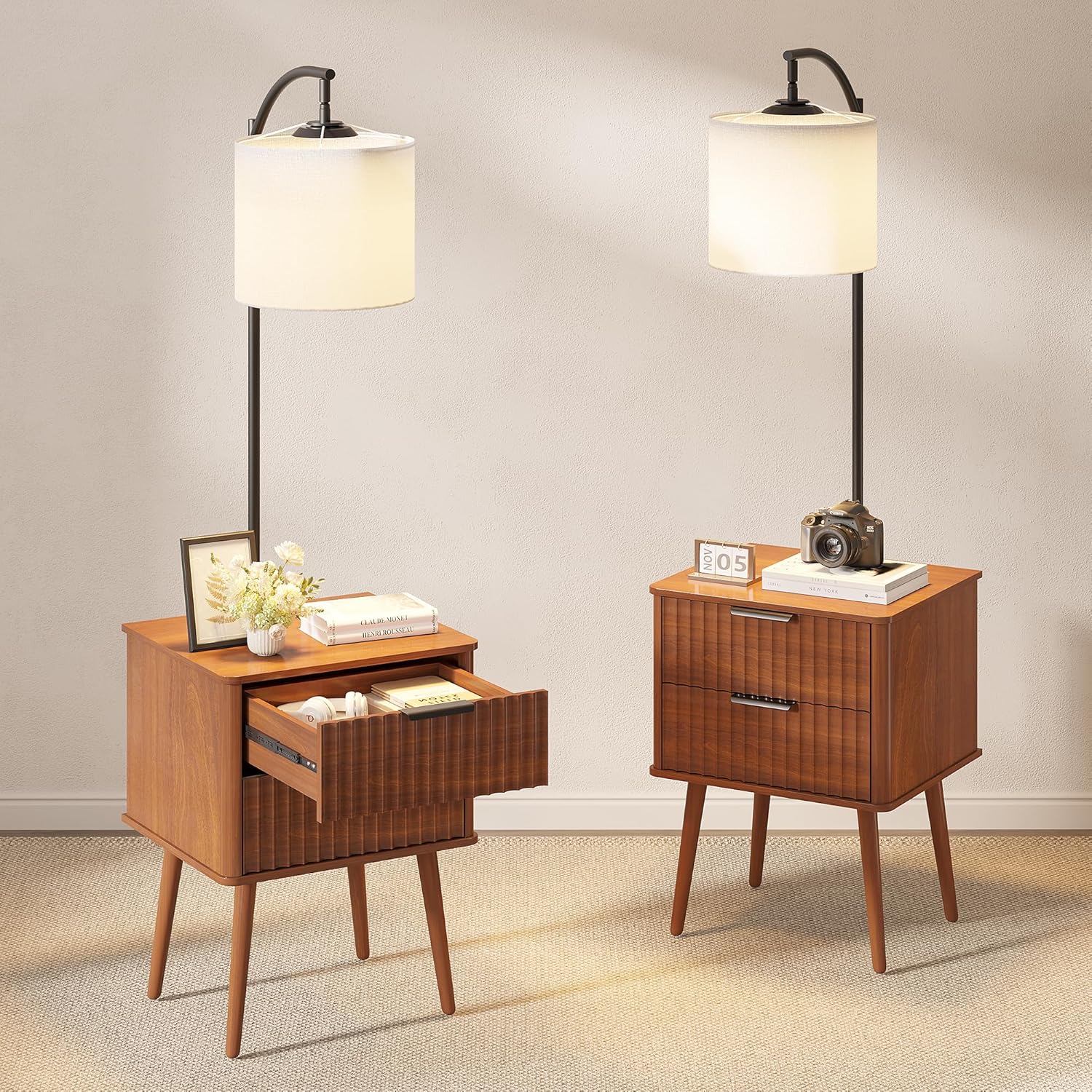 Lvifur LED Nightstand - with 3 Color Light and Tall Modern Lamp with Beige Linen Shade, Set of 2 Night Stand with 2 Drawer Smart Bedside Table with USB&Type-C for Bedroom,Reddish-Brown