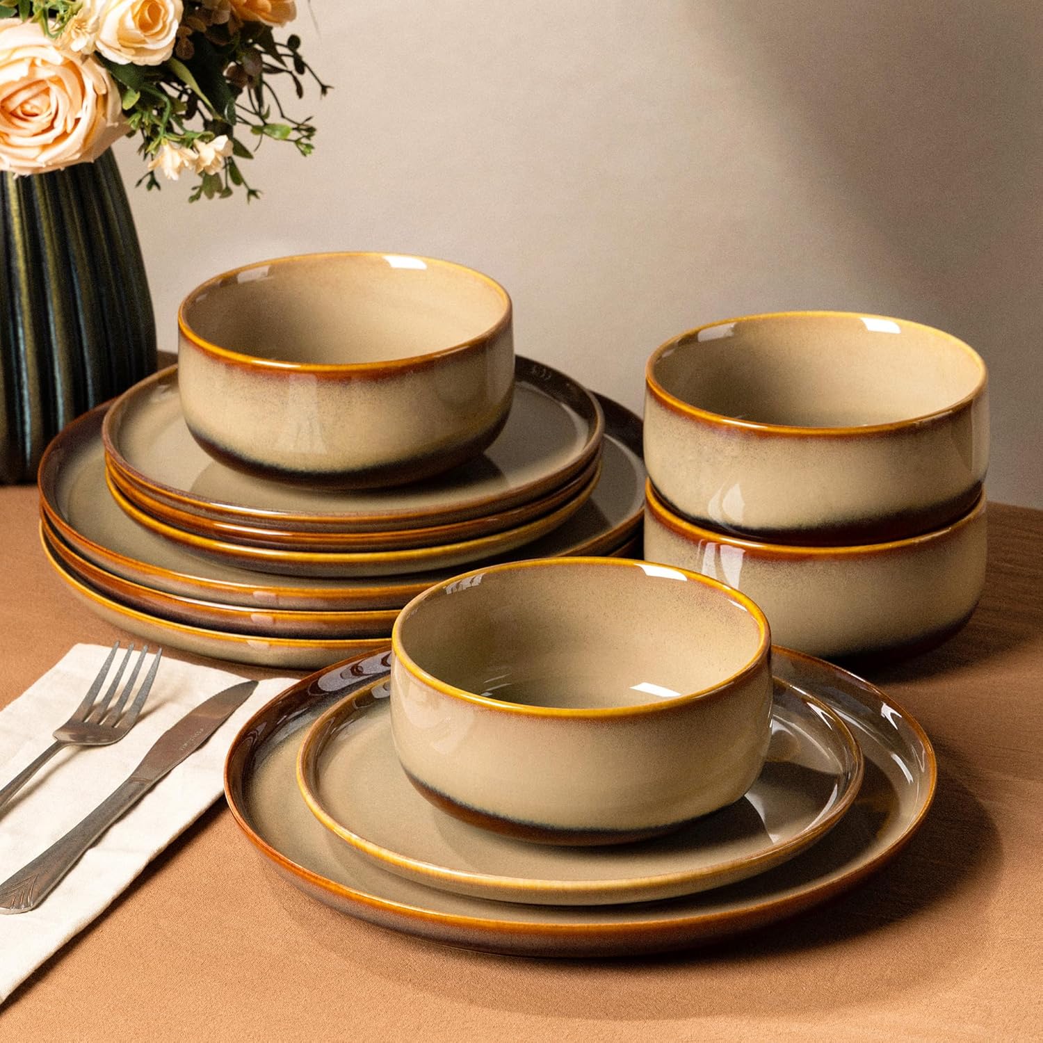 TheTerra 12-Piece Ceramic Dinnerware Set for 4 - Handmade Reactive Glaze Plates & Bowls, Oven Microwave Dishwasher Safe, Creamy Amber