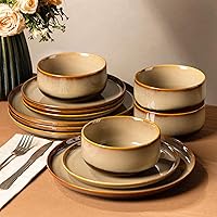 TheTerra 12-Piece Ceramic Dinnerware Set for 4 - Handmade Reactive Glaze Plates & Bowls, Oven Microwave Dishwasher Safe, Creamy Amber