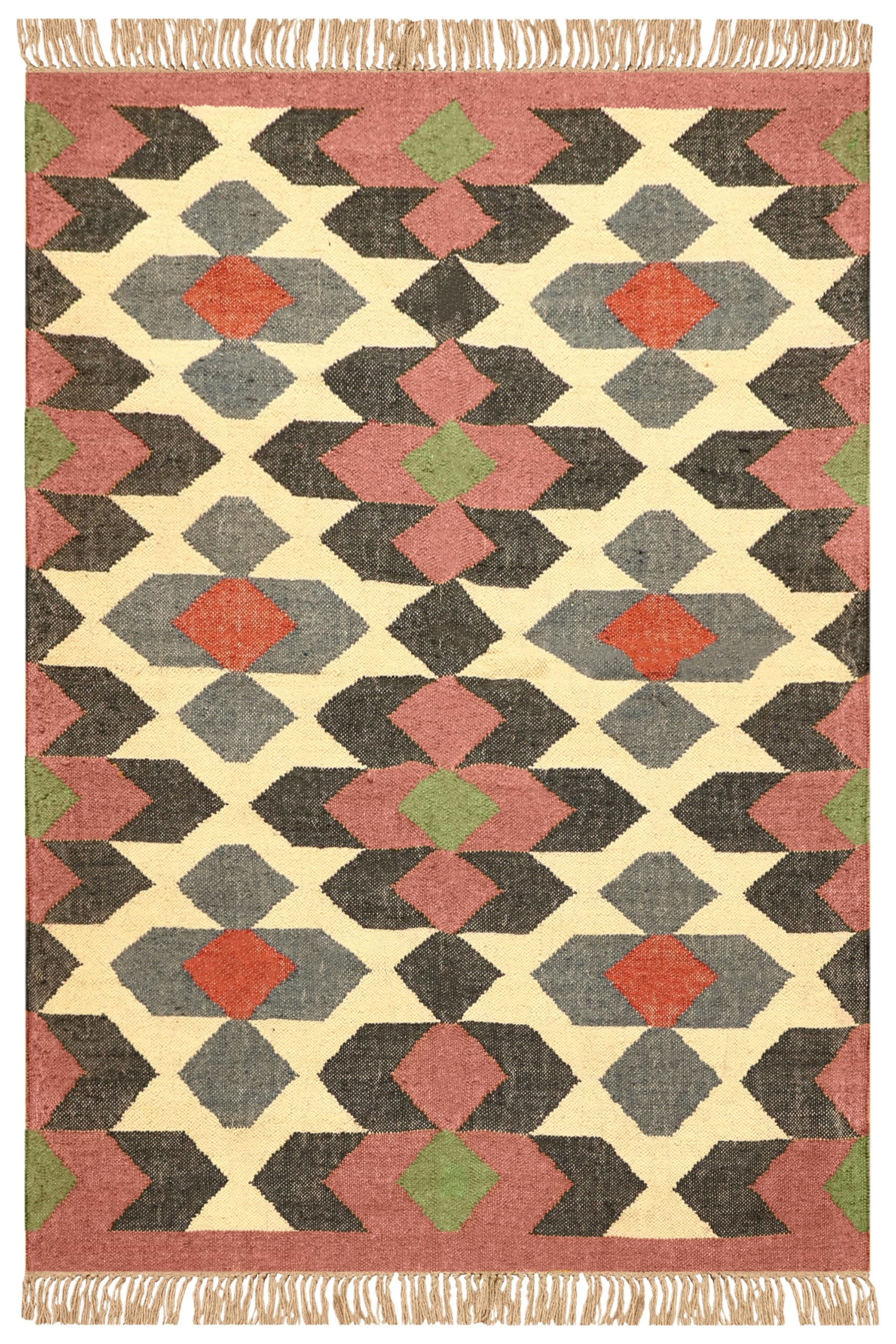 Tapis kilim vintage résistant et bicolore pour habiller un sol de salon ou une terrasse couverte.