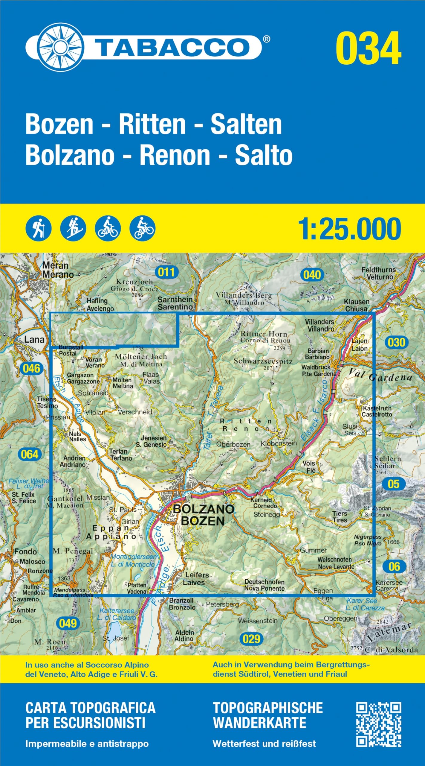 Carta topografica 1:25.000 antistrappo impermeabile fotodegradabile Ediz. multilingue Bozen Ritten Salten Bolzano Renon Salto