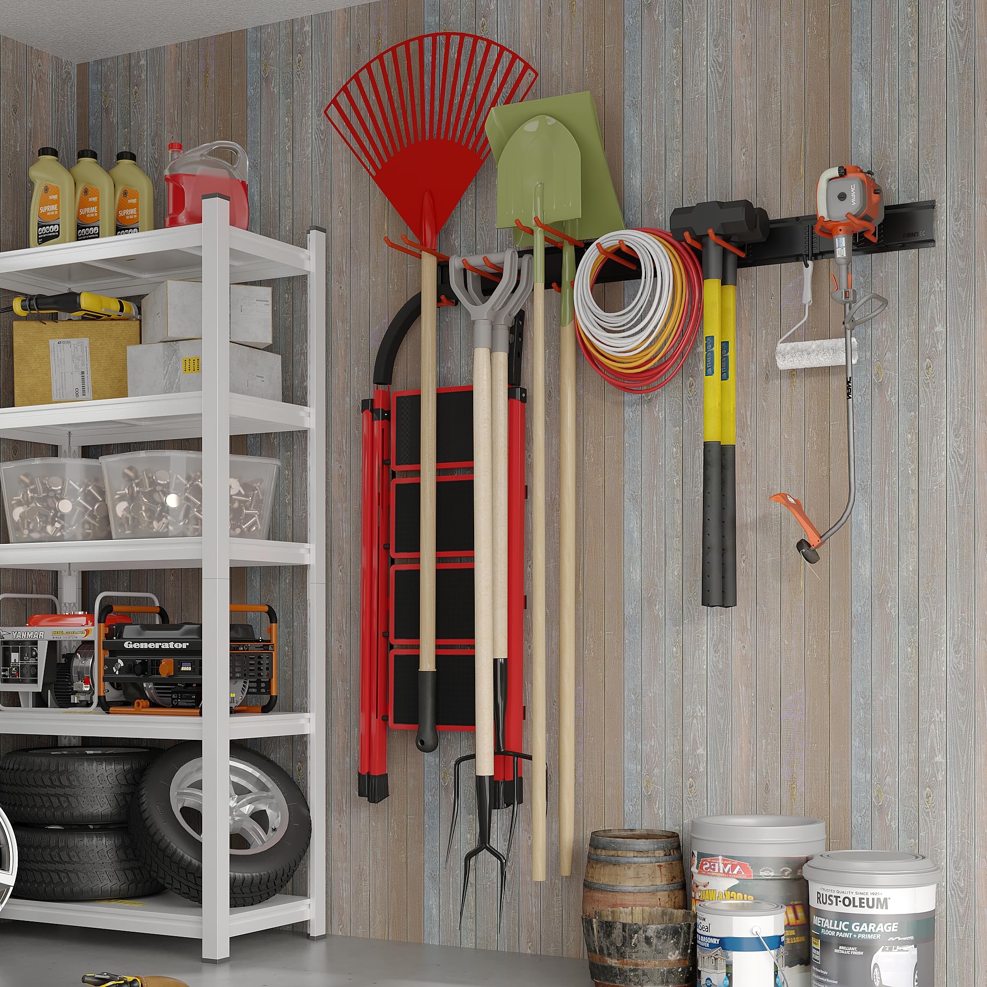 BONTEC estantería multifunción móvil naranja, carga máx 315 kg, organizador de herramientas y organizador pared con panel herramientas y ganchos ajustables, armario herramientas garaje, escobero pared