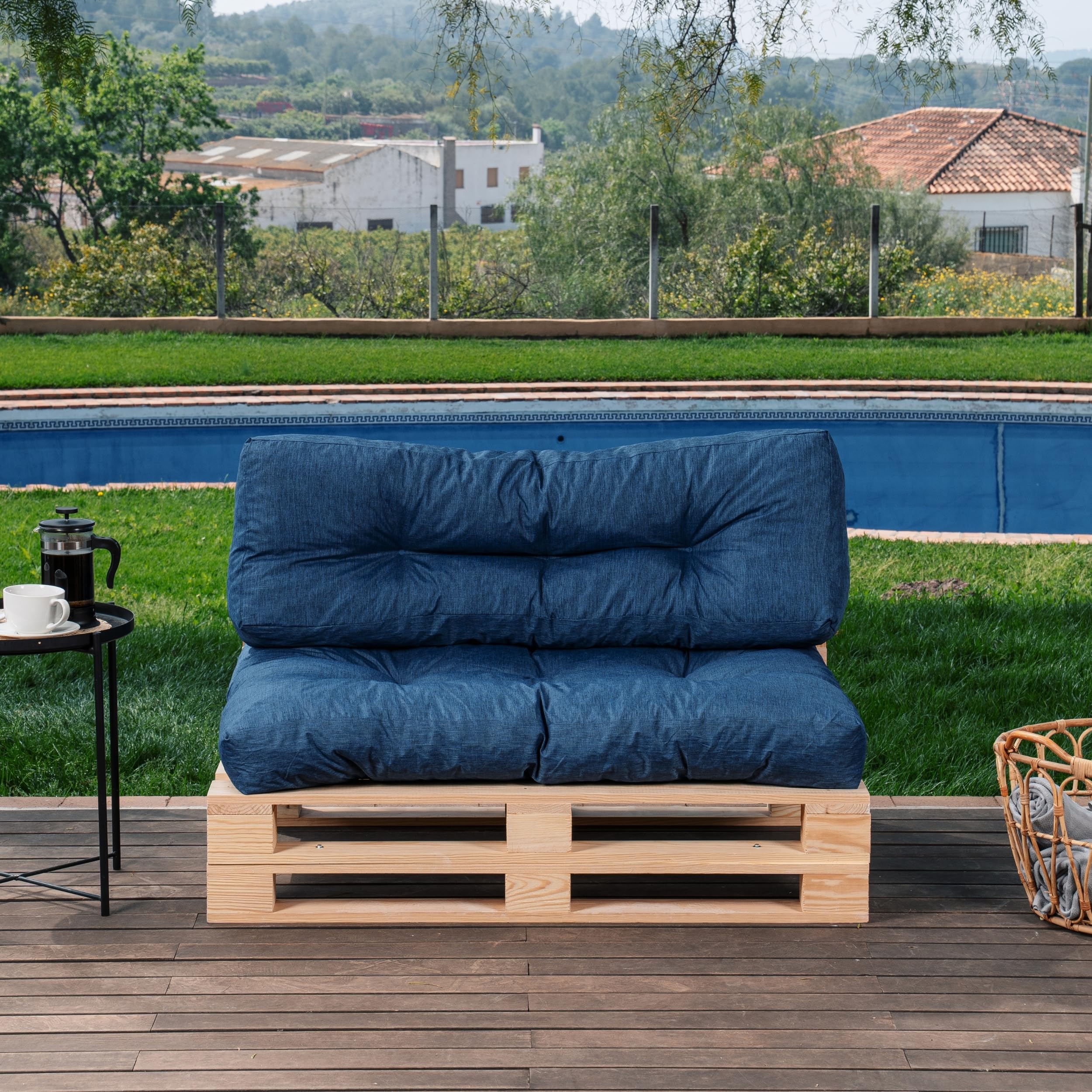 bananair - Cuscini per Pallet - Tessuto Idrorepellente e Anti-UV - Molto Confortevole, Imbottito in Schiuma - Cuscini per Divano Esterno Giardino (Seduta 120x80 cm + Schienale 120x40 cm, Blu)