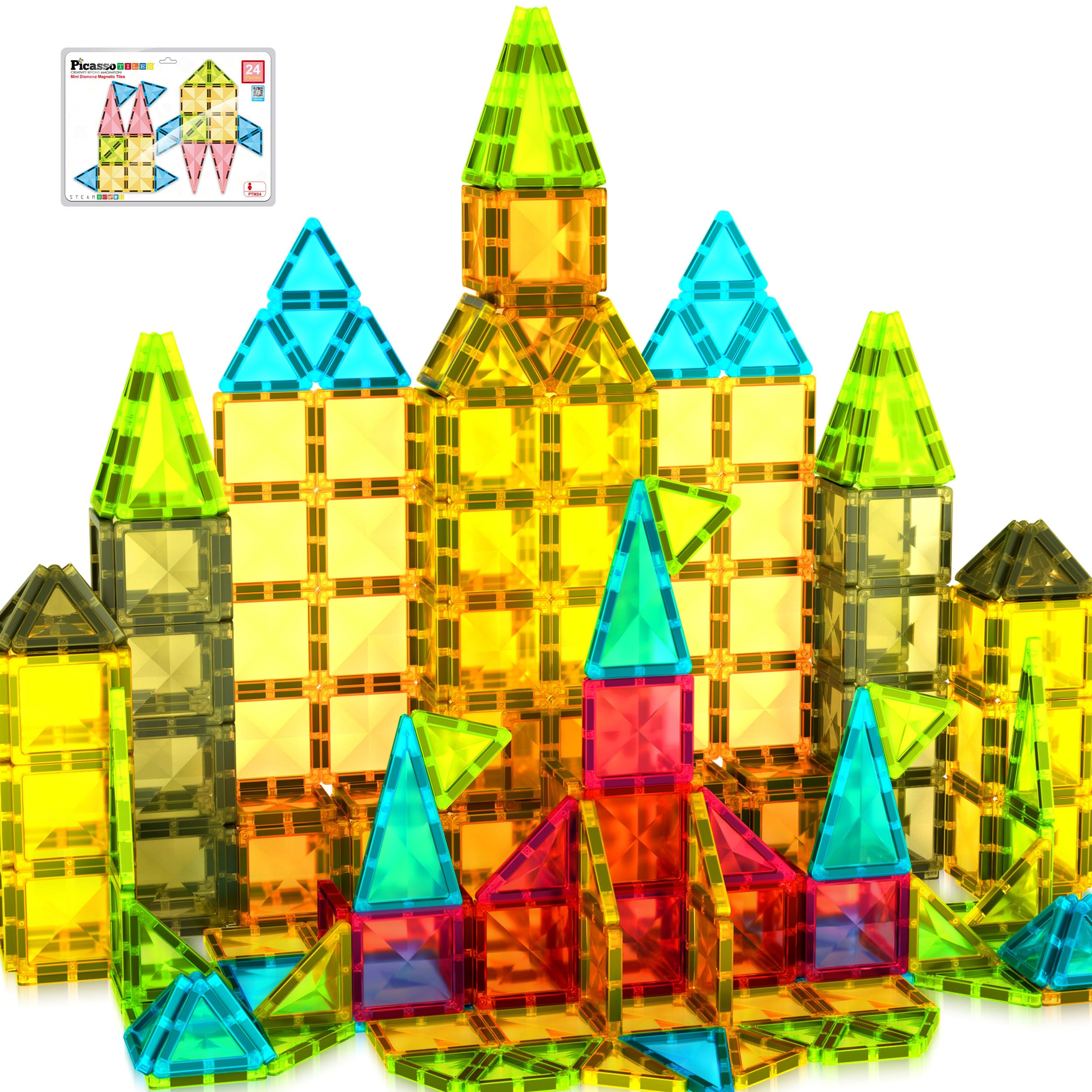 PicassoTiles Magnet Tile Building Blocks Mini Diamond Series Magnetized Toy Travel Size Compact Portable Magnetic Construction Block STEM Sensory Toy Early Education Learning Kids Ages 3+ PTM24