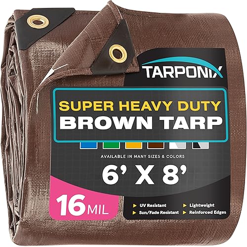 Super Heavy-Duty Brown Tarp 6' x 8' – 16 Mil Thick, All-Weather Waterproof Cover with Reinforced Edges and Sturdy Grommets