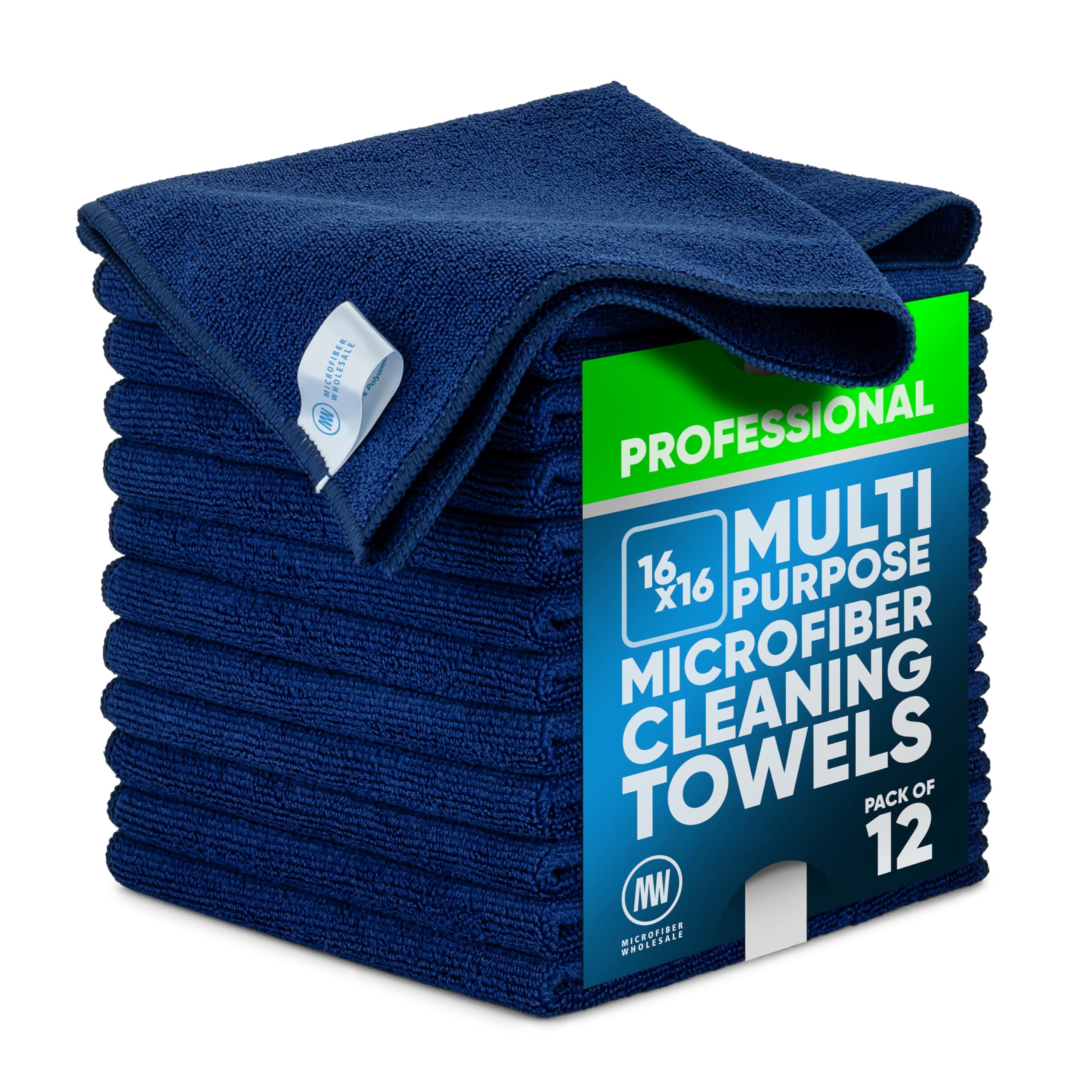 MW Pro - Toalla de microfibra multisuperficie, paquete de 12, paño de limpieza de alta calidad, limpia, pule, pule, absorbe | Grande 16 x 16 pulgadas (azul oscuro)