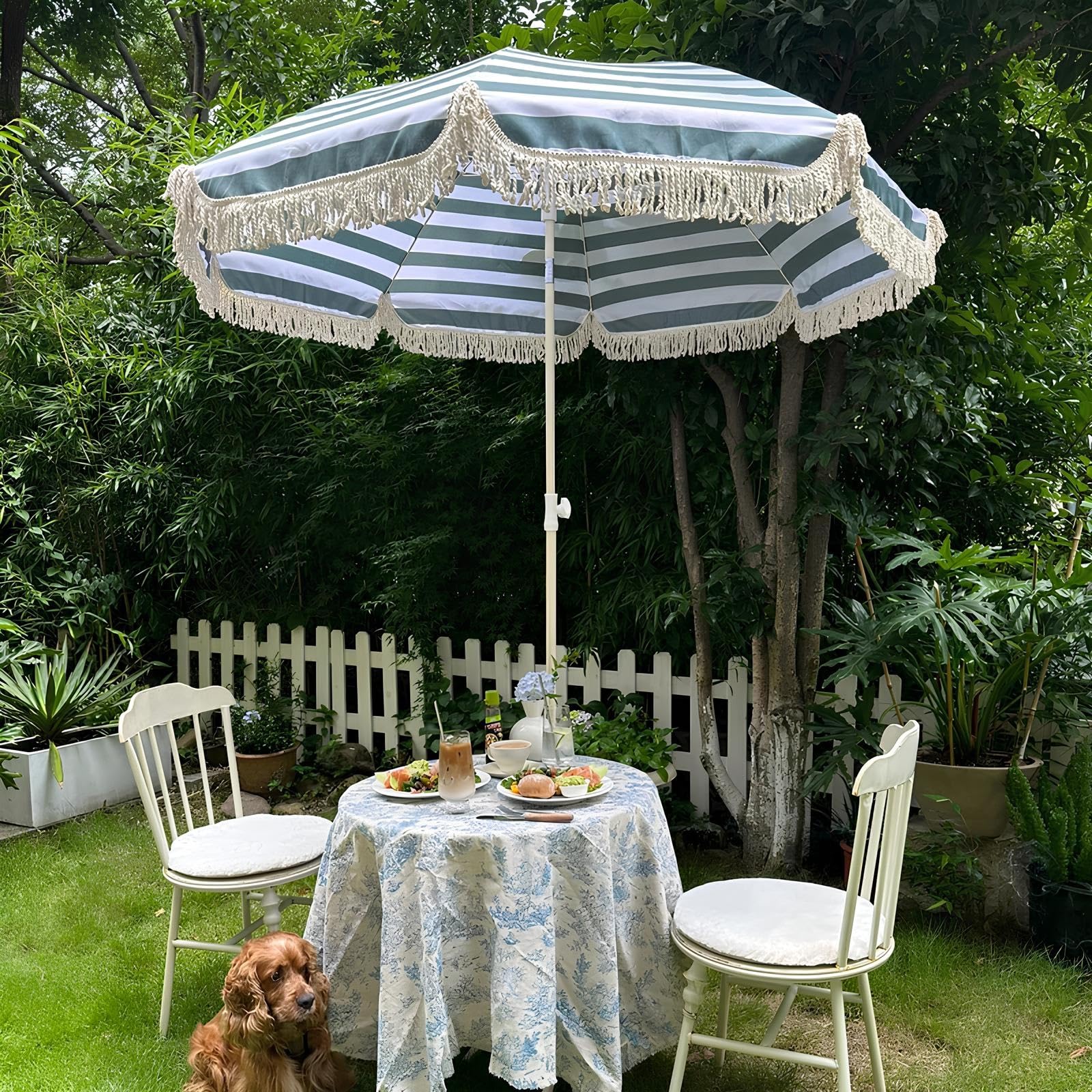 Ombrellone da Spiaggia Antivento Resistente, Righe Blue Bianche Ombrellone da Giardino Rotondo Ø 180 cm con Frange,Tenda da Spiaggia Portatile, Include Borsa Portatile