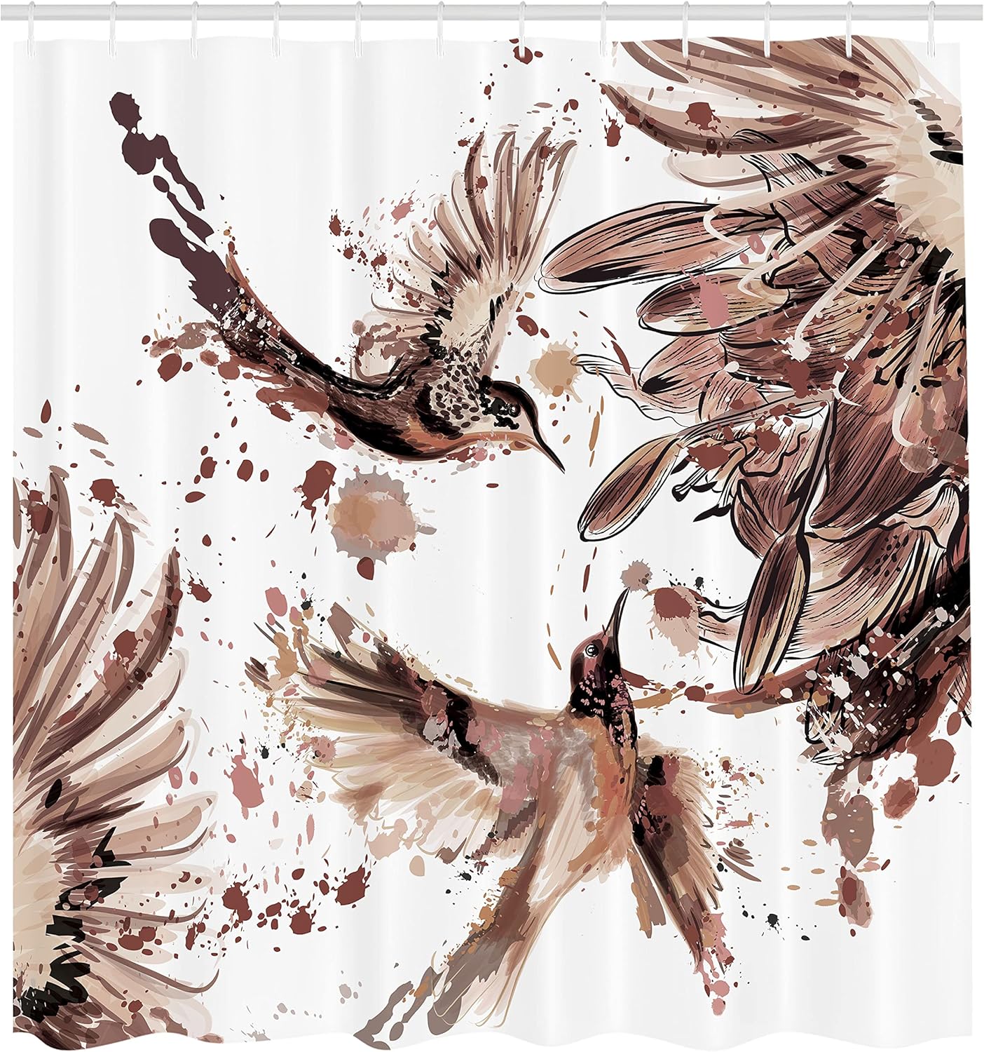 Ambesonne Hummingbird Shower Curtain, Art Lily Flowers Birds and Color Splashes in Watercolor Painting Style, Cloth Fabric Bathroom Decor Set with Hooks, 69" W x 75" L, Dried Rose