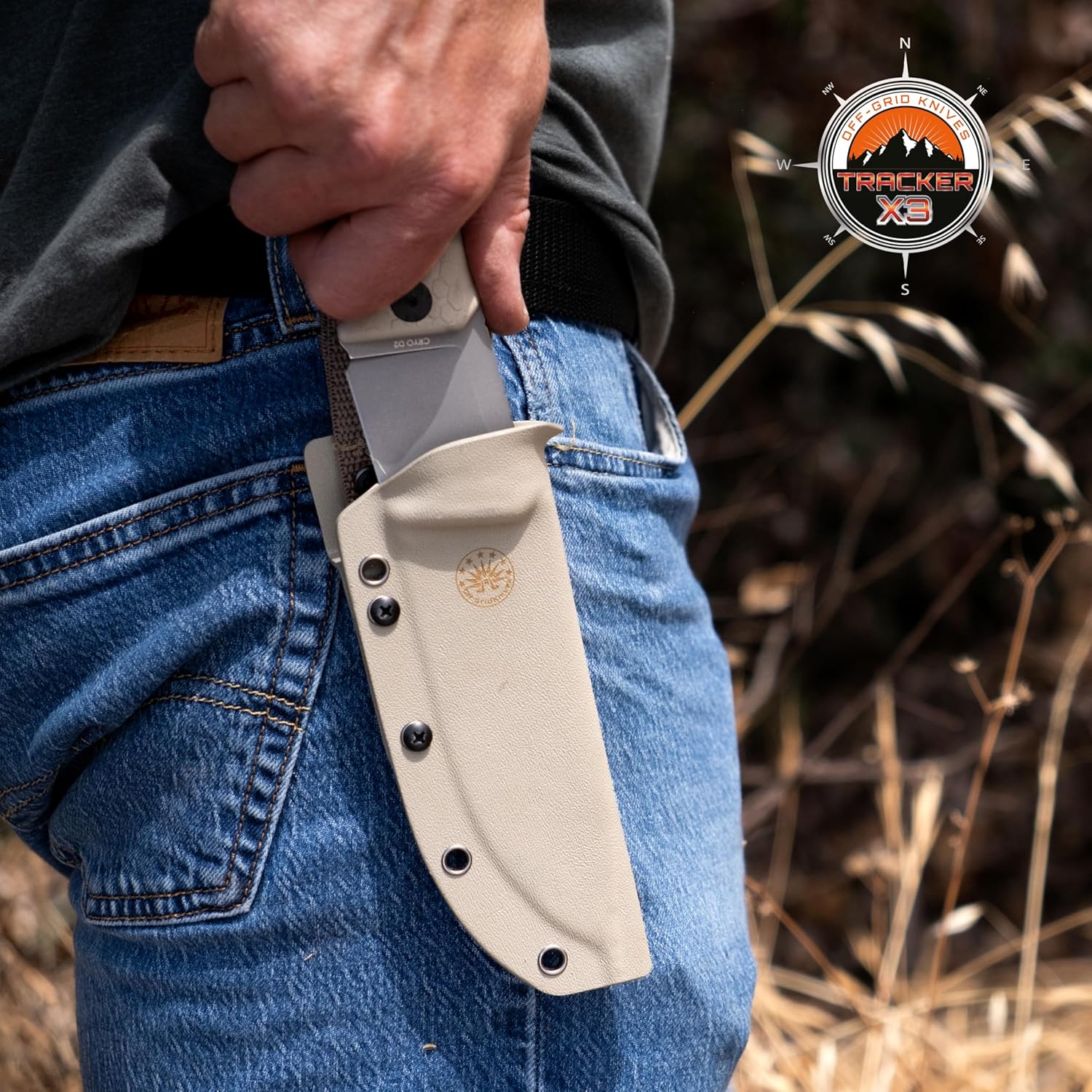 Off-Grid Knives - TRACKER-X3 Fixed Blade Knife, Cryo D2 Blade Steel, G10 Scales, Kydex Sheath, OG Lo-Pro Belt Attachment, Camping, Bushcraft, Hunting, Survival (Coyote)