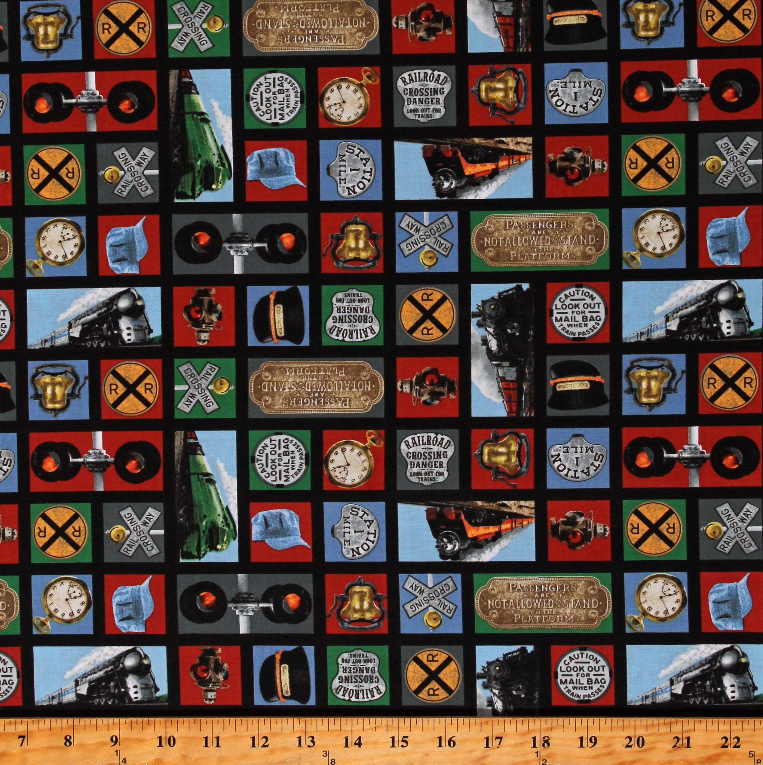 Blank Quilting Cotton On The Right Track Trains Railroads Signs Lights Railroad Crossings Engines Multicolor Cotton Fabric Print by The Yard (B3073-99), 44 Inches