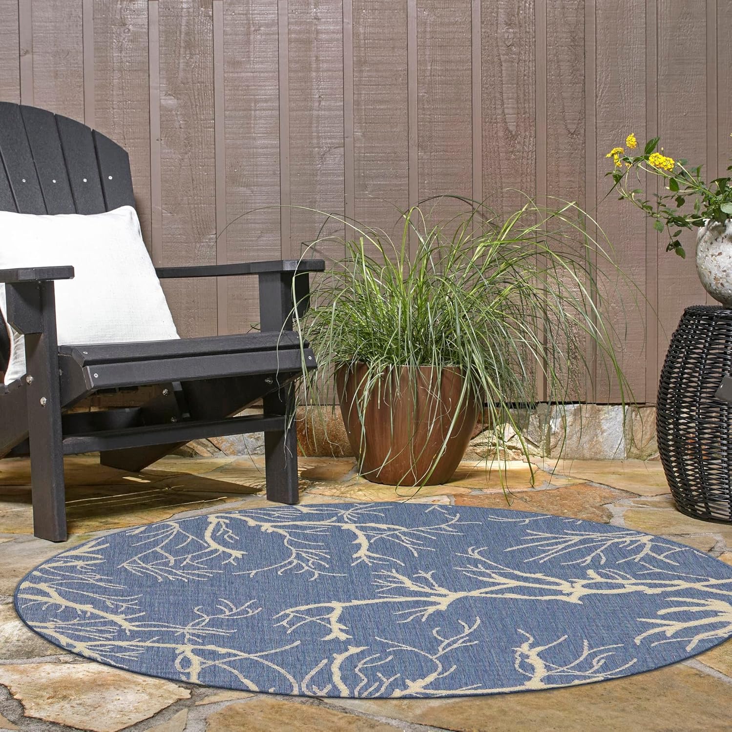 Rugs.com Outdoor Botanical Collection Rug – 6' Round Blue Flatweave Rug Perfect for Kitchens, Dining Rooms