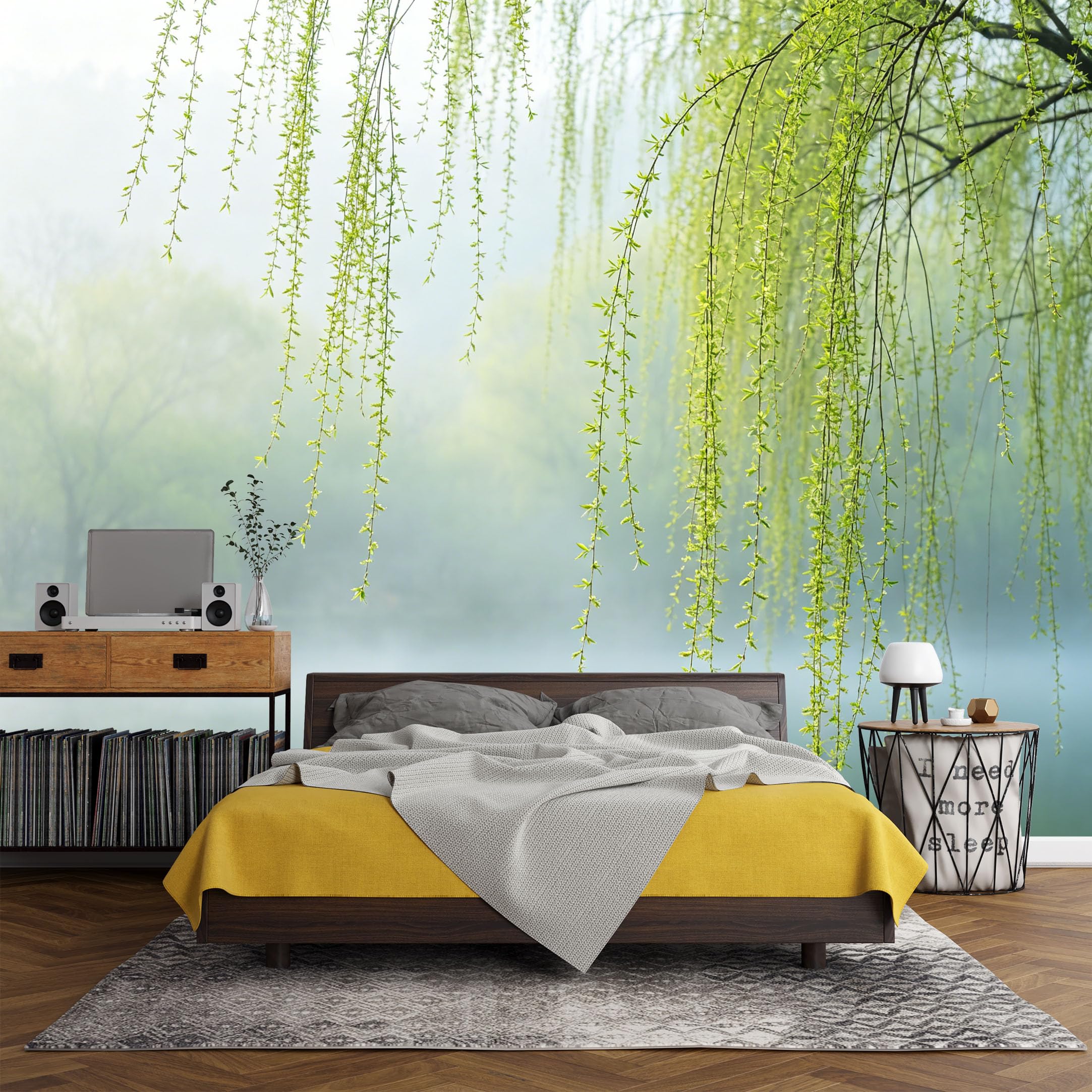 Custom Size Wall Mural， Botanical Willow Branch Misty Lake Landscape，SelfAdhesive Art Prints wall Fabric (No PVC) Removable Wallpaper Living Room Decor