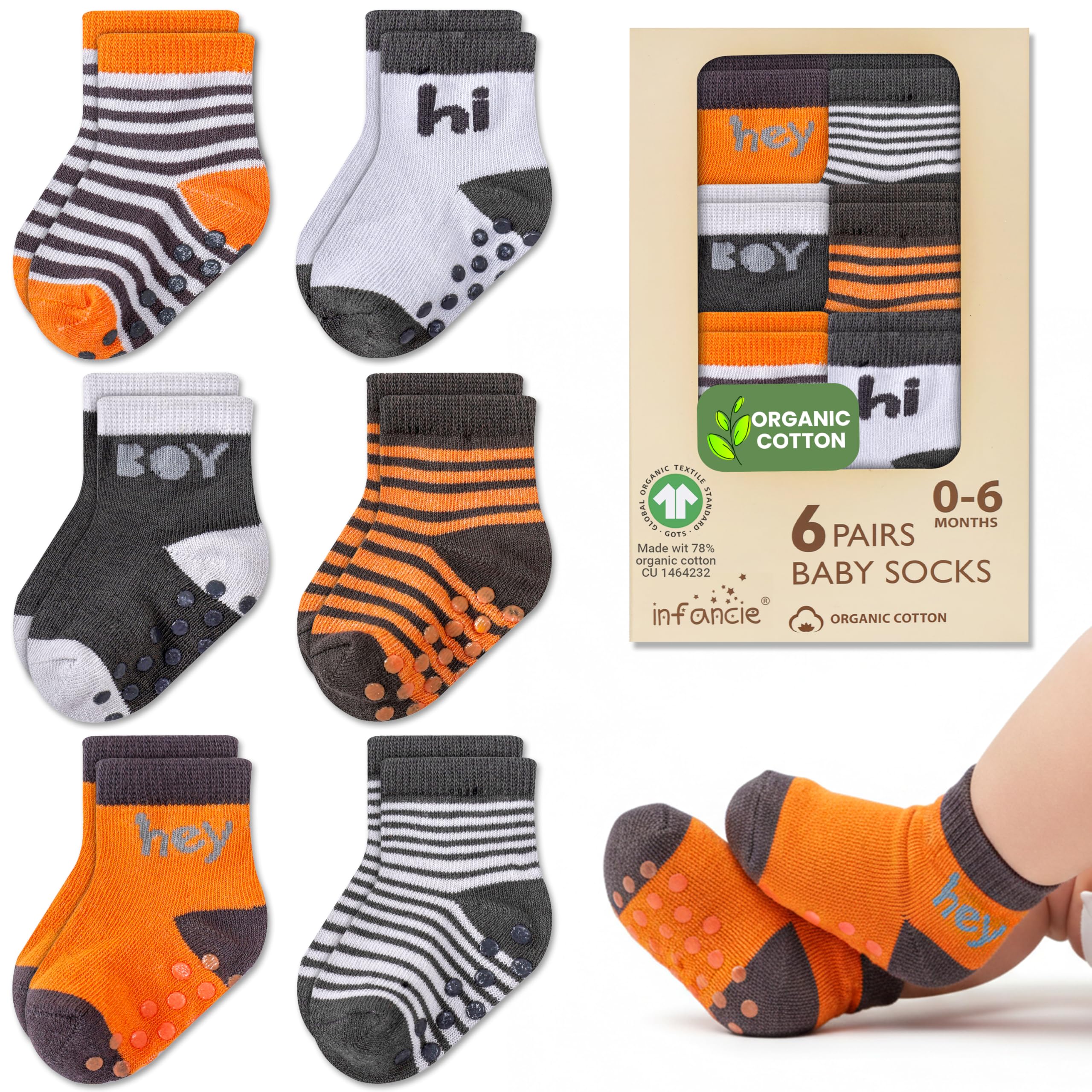 infancie Organic Cotton GOTS Certified Baby Socks 0–6 Months, 6 Pairs Infant Socks Preemie Socks Non Slip Unisex Soft Hypoallergenic Breathable Gentle
