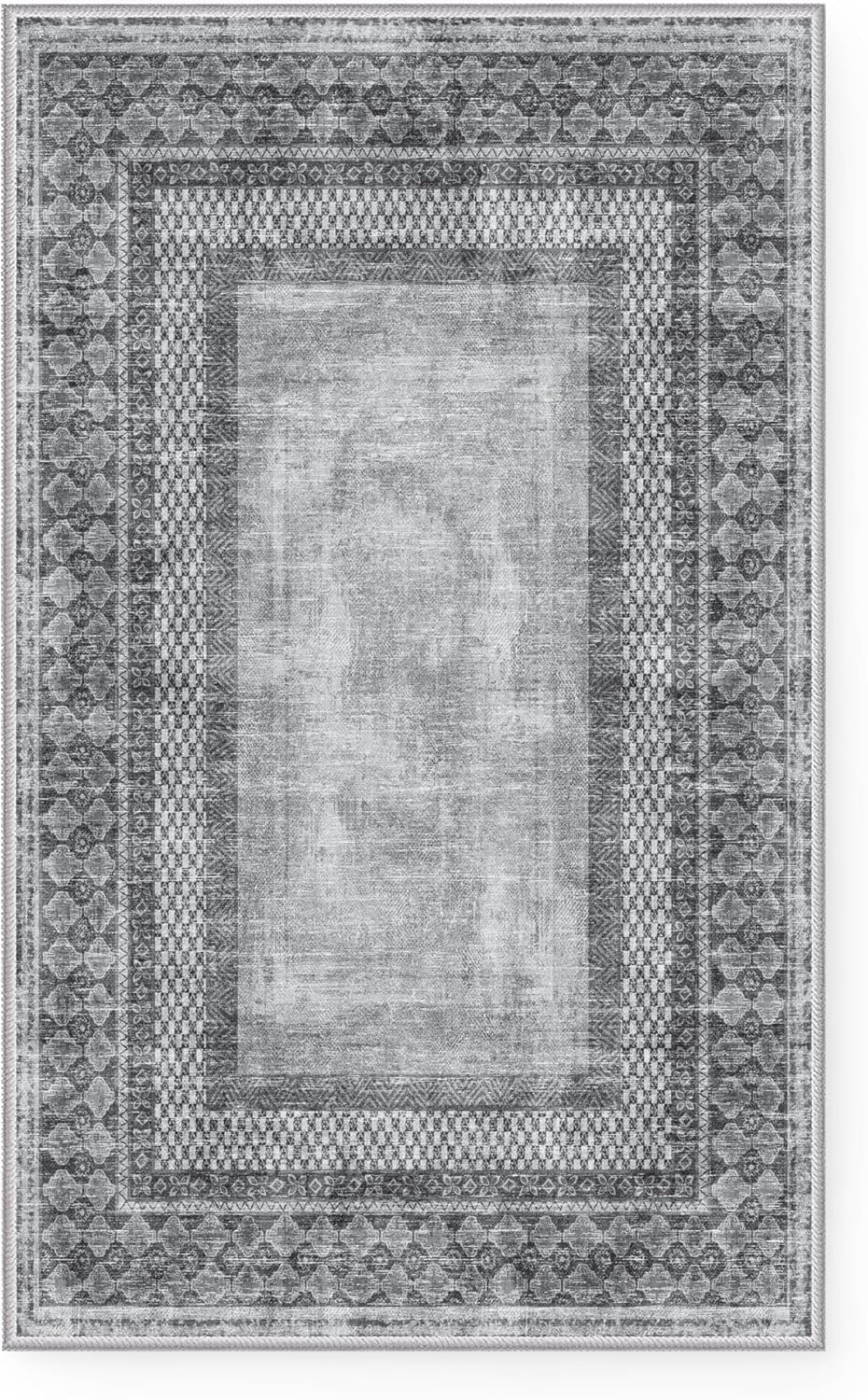 NICETOWN 2' x 8' Hallway Runner Rug, Machine Washable Thin Non-Slip 2x8 Grey Kitchen Soft Foldable Mysterious Tribal Bordered Indoor Mat Runner Rug for Bathroom Laundry Room, Grey