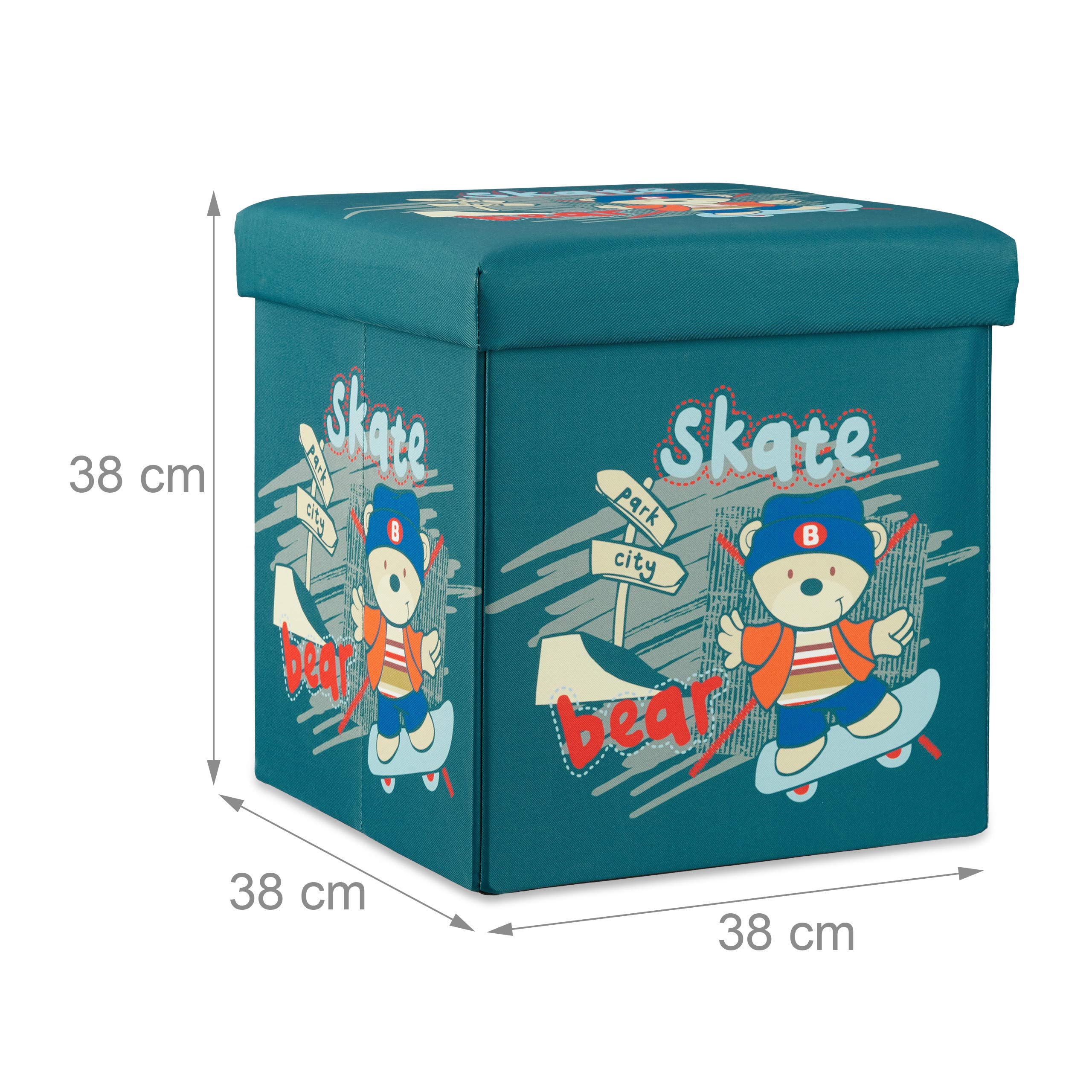 Relaxdays Sgabello pieghevole bambini, cesta porta-giochi, pouf contenitore, scatola con coperchio, HxLxP 38x38x38 cm, orso