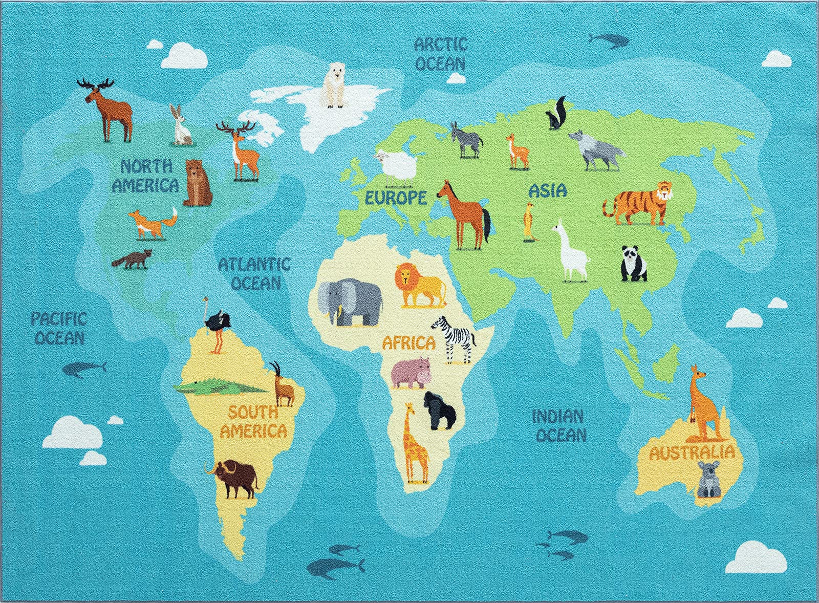 the carpet Happy Life - Habitación Infantil, Alfombra Infantil, Alfombra de Juego, Lavable, Mapa del Mundo, Tierra, Animales, Azul, 140 x 200 cm