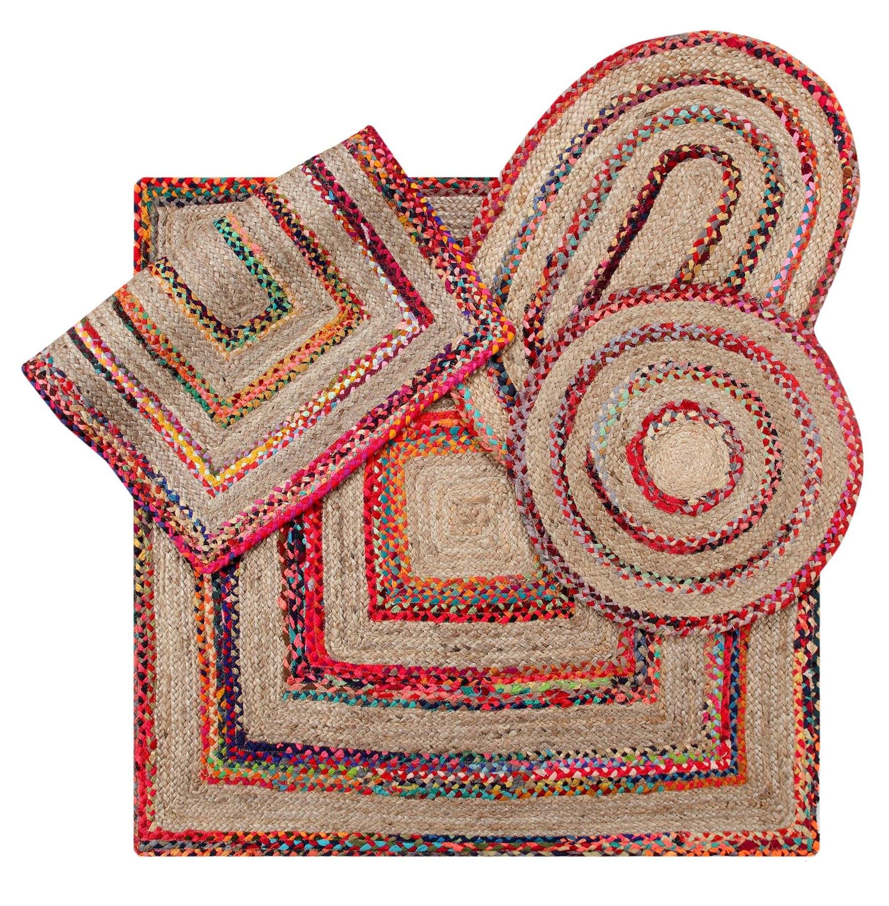 Fiesta Eco Friendly - Tappeto quadrato intrecciato a righe spesse a trama piatta, in iuta naturale e materiale riciclato multicolore, 150 x 150 cm