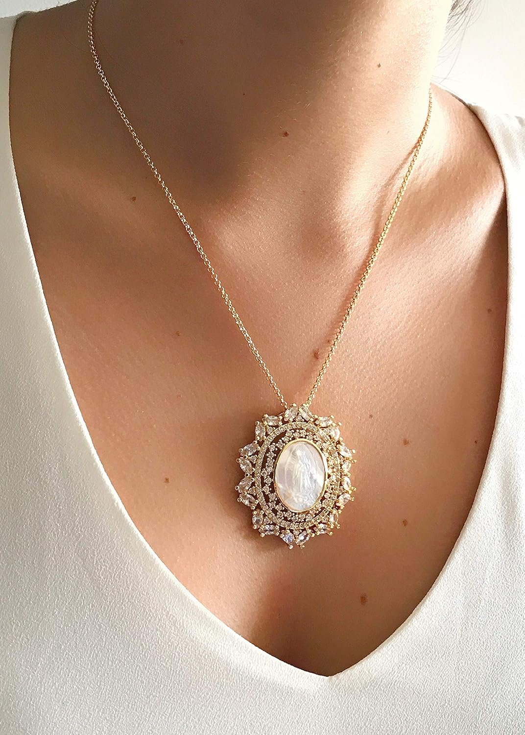 LESLIE BOULES Gold Guadalupe Medallion Pendant Necklace for Women 18K Plated Chain Religious Gift - Image 7