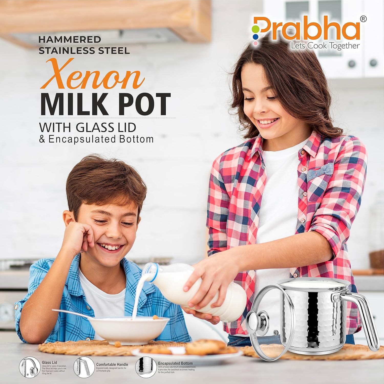 Stainless Steel Milk Pot With Handle 14cm 1.8 Litre | Hammered Milk Boiler Glass Lid Steam Vent | Tea Container Water Boiling | Coffee/Milk Warmer, Even & Faster Heating | Induction & Gas Stove