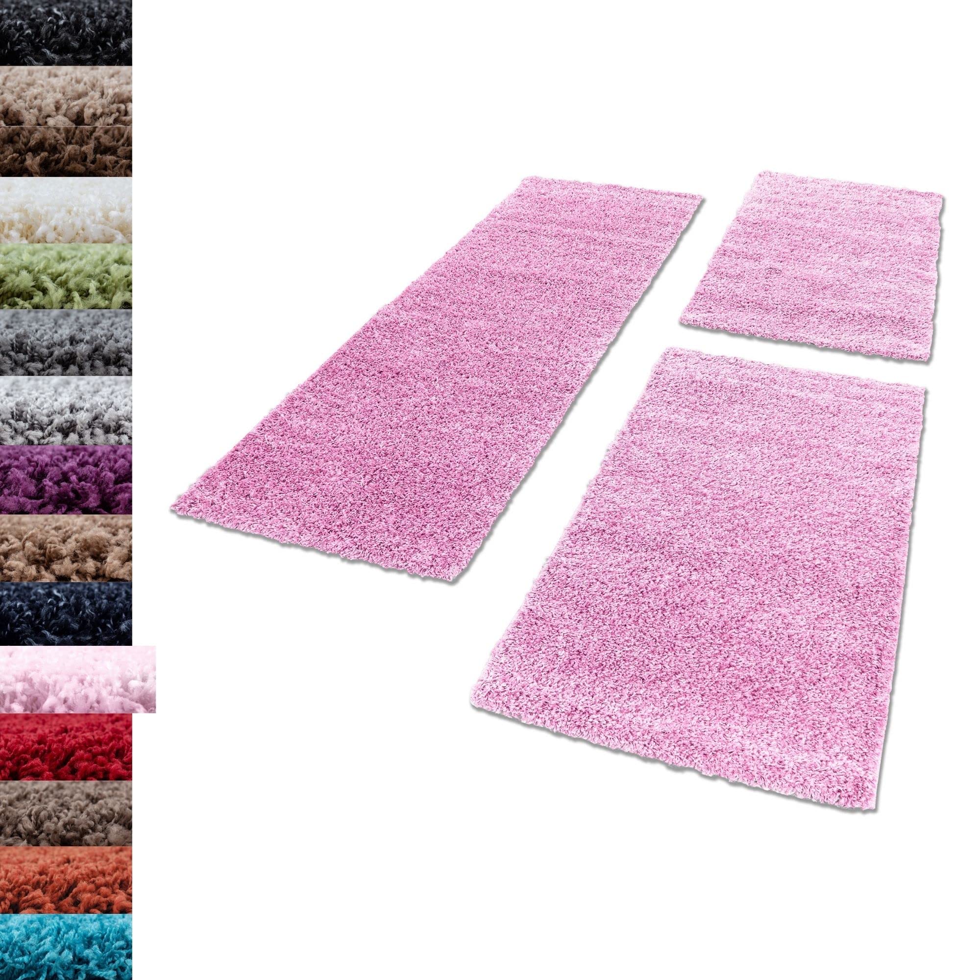 Carpettex Osłona łóżka do sypialni, 3-częściowy dywan shaggy, wysokie runo, jednokolorowy, różowy, zestaw łóżka: 2 x 60 x 110 + 1 x 100 x 200 cm, dywanik nocny, zestaw dla biegaczy, miękki, puszysty