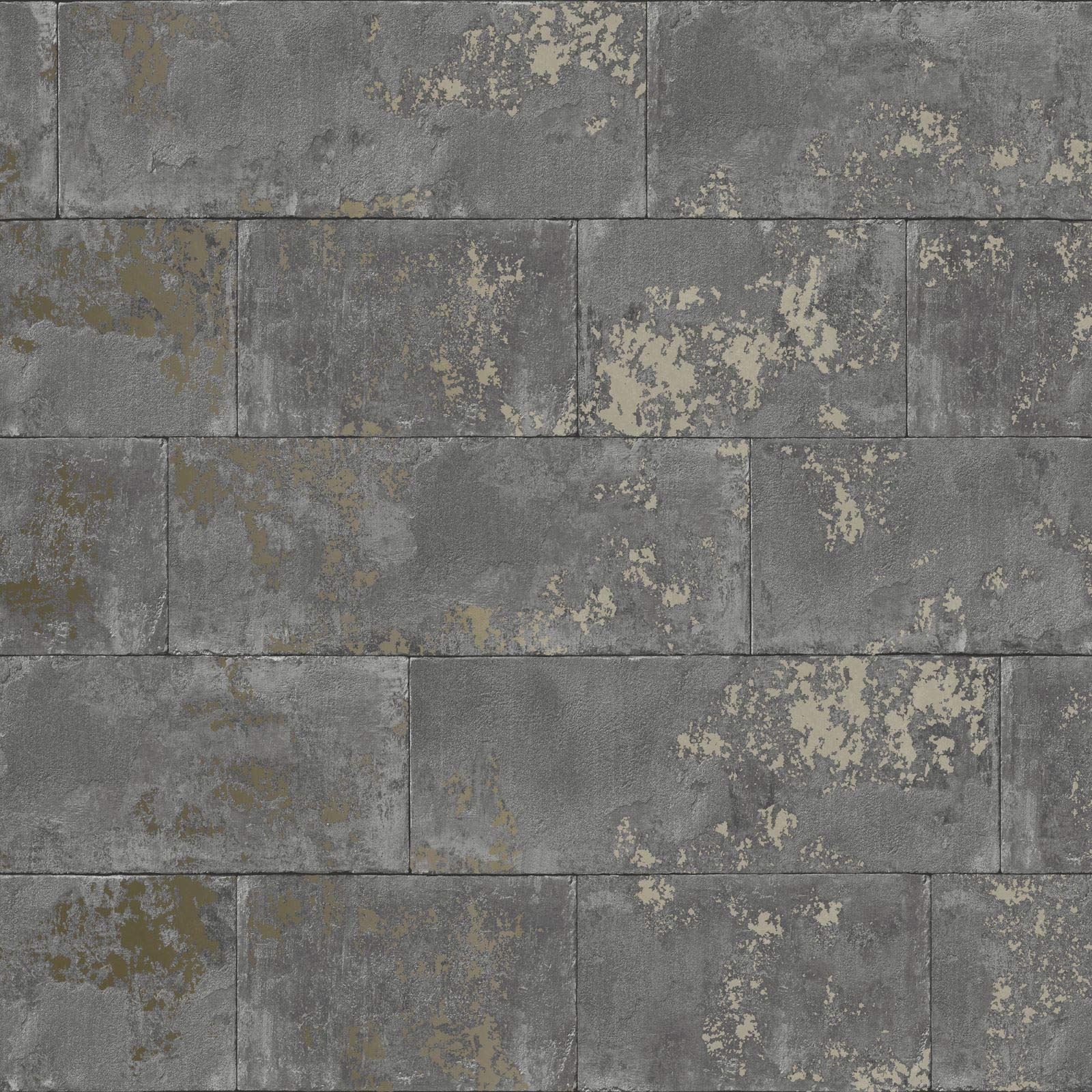 Rasch Charcoal Grey Concrete Brick Wall Distressed Stone Metallic Wallpaper 4000441248685