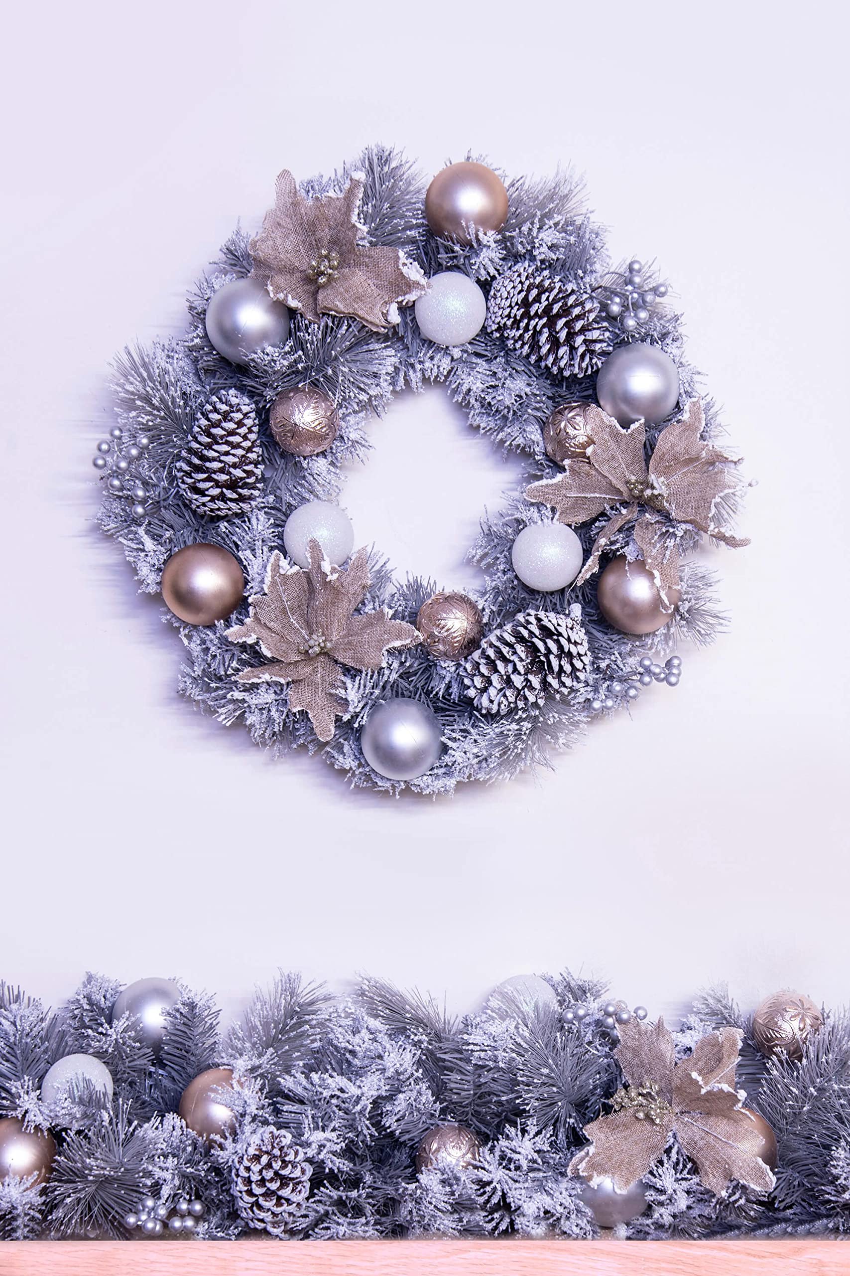 Christmas Tree World Silver | 50Cm Decorated Mixed Pine Wreath With Rose Gold Poinsettia