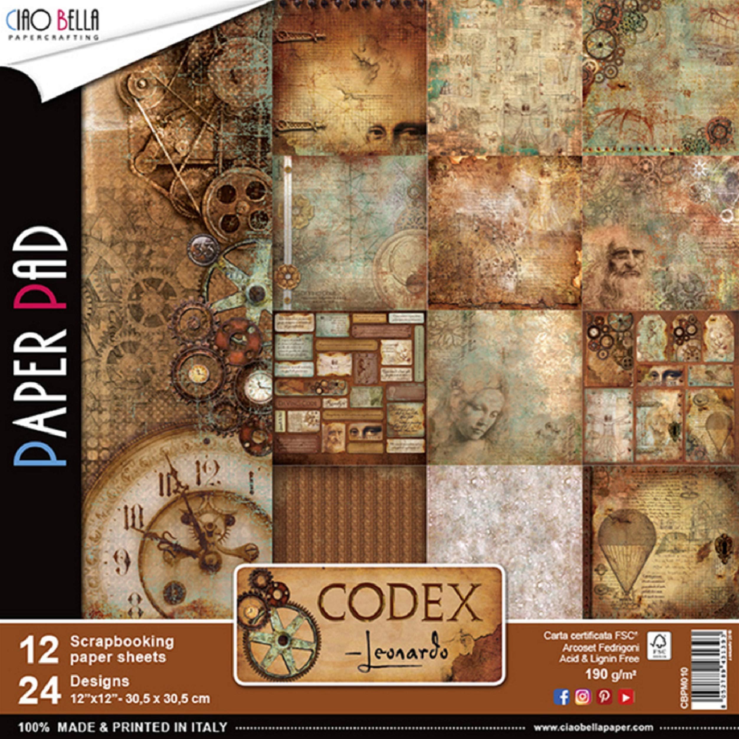 Ciao Bella Double-Sided Paper Pack 90lb 12"X12" Pkg-Codex Leonardo, 12 Designs/1
