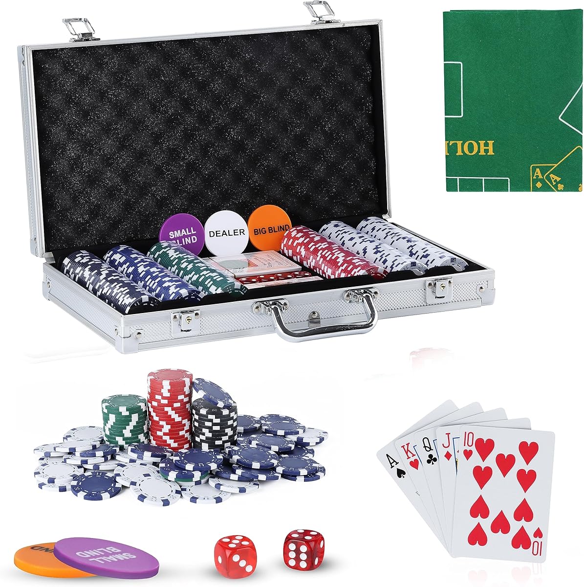 JUNGLE STONE Texas Holdem Poker Set, 300 Piece Set in Aluminium Case with 11.5g Heavyweight Chips, 1 double-sided reversible Flet Mat, 2 Decks Playing Cards, 5 Dice, Dealer, Big Small Blind Button