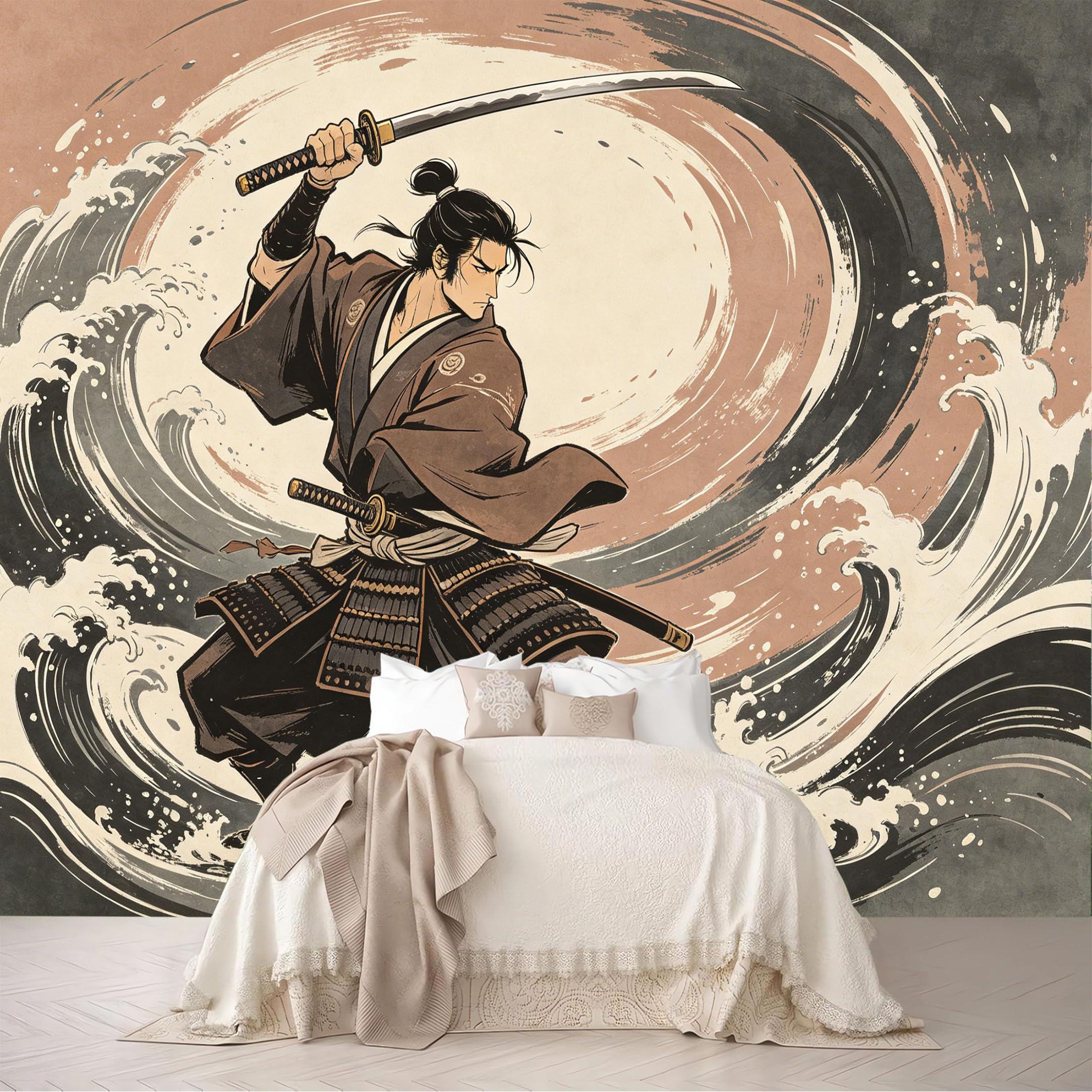 Dskjoviality Ab260706029 Custom Size Wall Mural Ukiyo-E Armored Samurai Giant Wave Vintage Oriental Print Removable Self Adhesive Peel And Stick Wallpaper For Bedroom Living Room