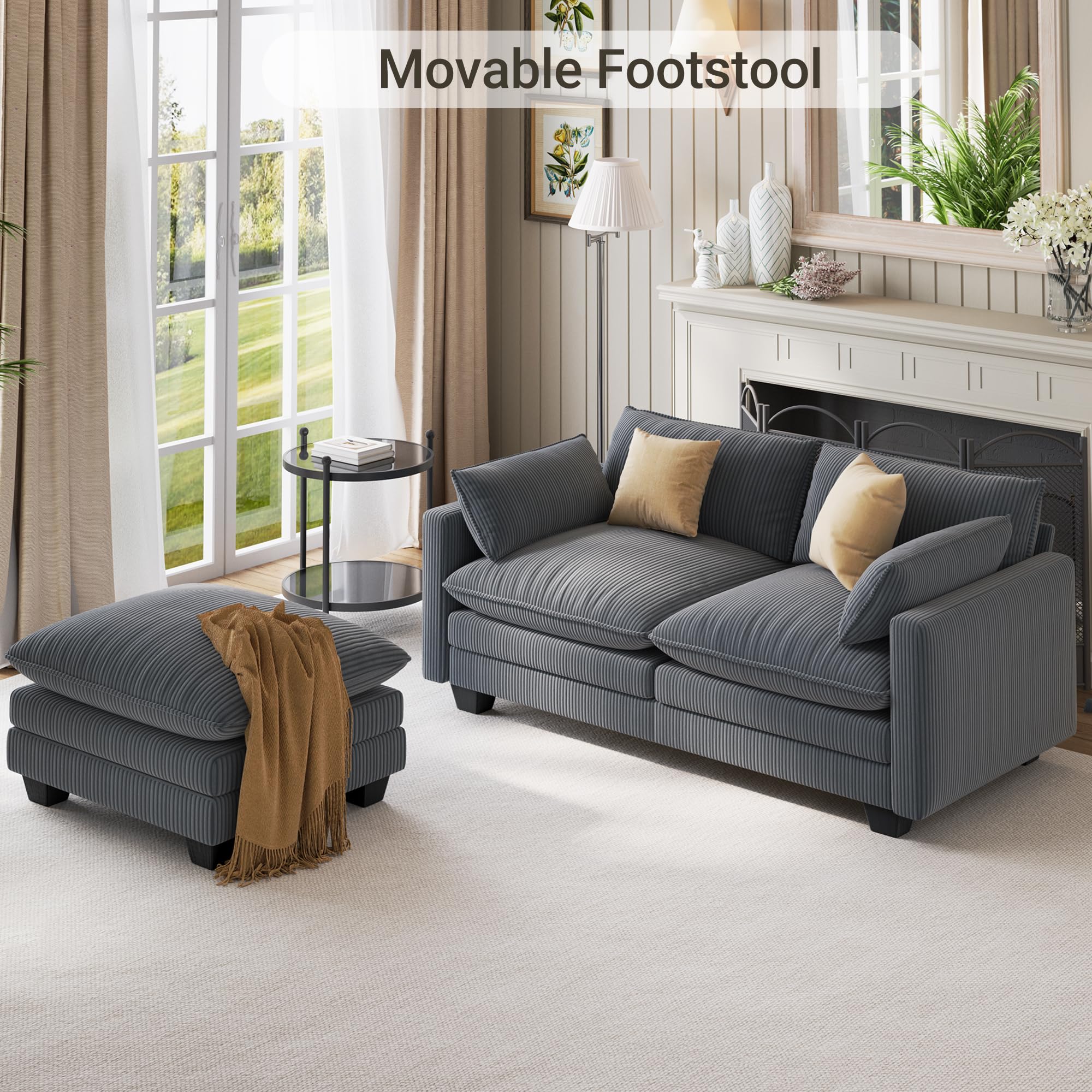 Xbro Divano Modulare a L 2 Posti con Pouf, Divano Cloud in Tessuto a Coste, Seduta Profonda e Morbida, Rivestimento Sfoderabile, Divano Compatto per Soggiorno e Camera, Grigio Scuro