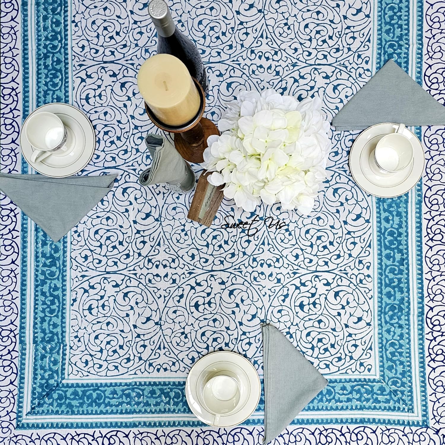 Sweet Us Eterna Vine Floral Cotton Tablecloth Rectangle and One Gray Napkin, Floral Kitchen Dining Table Cloth, Table Cover for Indoor and Outdoors, Aqua Frost, 68 x 102 in