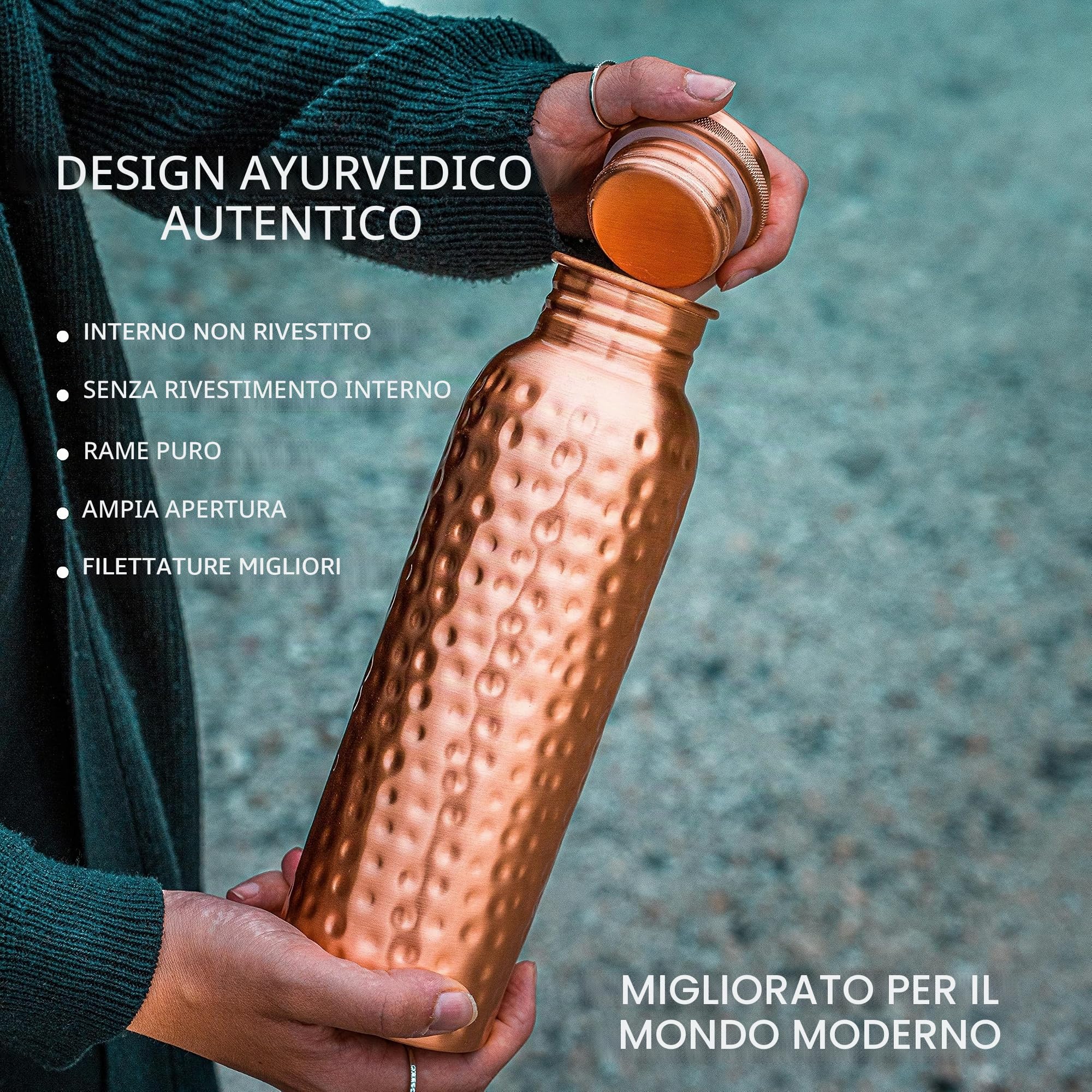 Kosdeg Martellato Bottiglia d’Acqua in Rame Extra Large 1 Litro – Contenitore Ayurvedico a Tenuta stagna – Bevi più Acqua, Riduci Il Consumo di Zuccheri E Godi di Salute Migliore