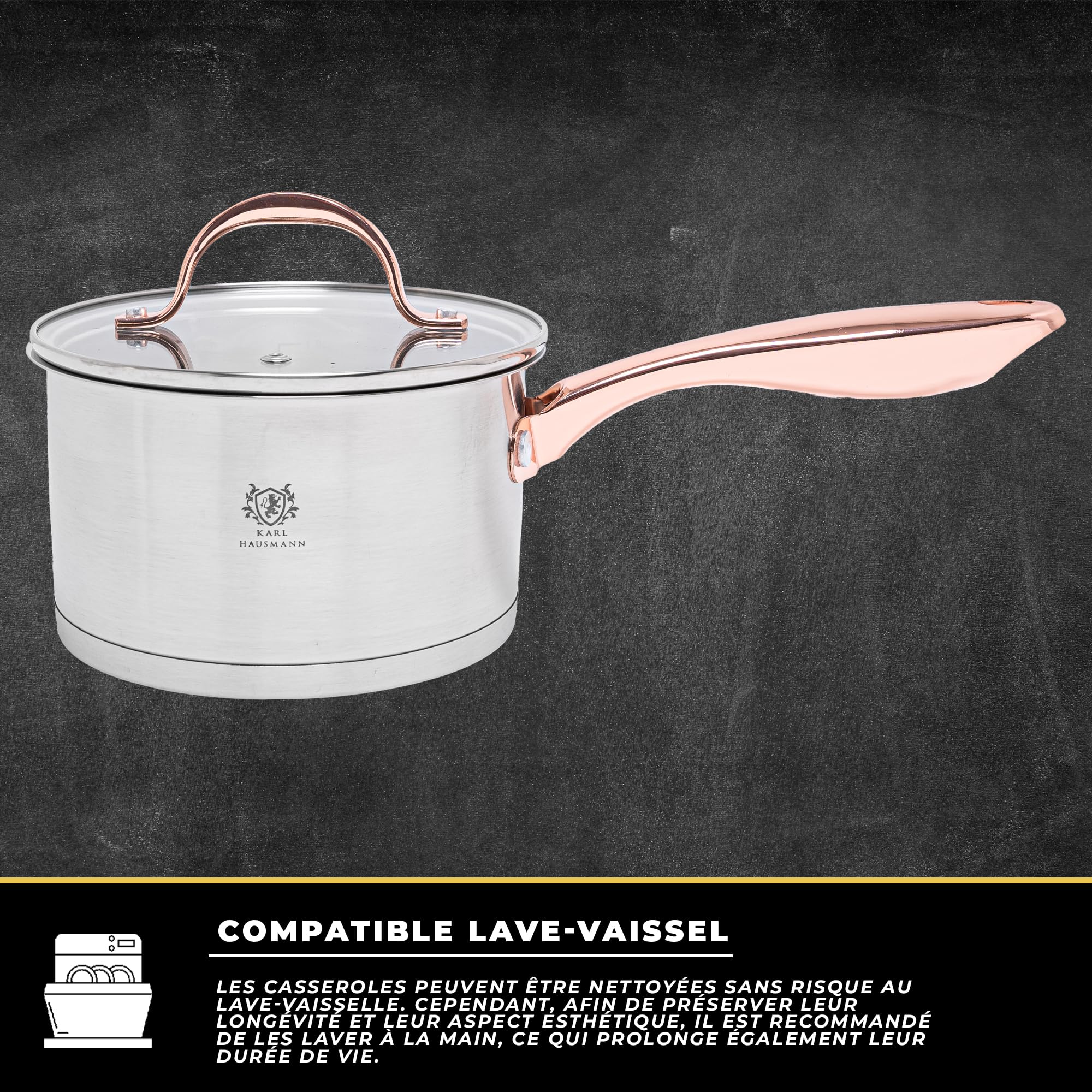 KARL HAUSMANN Lot de 3 Casseroles Induction Inox - Avec Couvercle Verre - Sans Revêtement - Compatibles Cuisinière, Gaz, Électrique - Graduation Intégrée - Set Casserole Tout Feux Cuisine