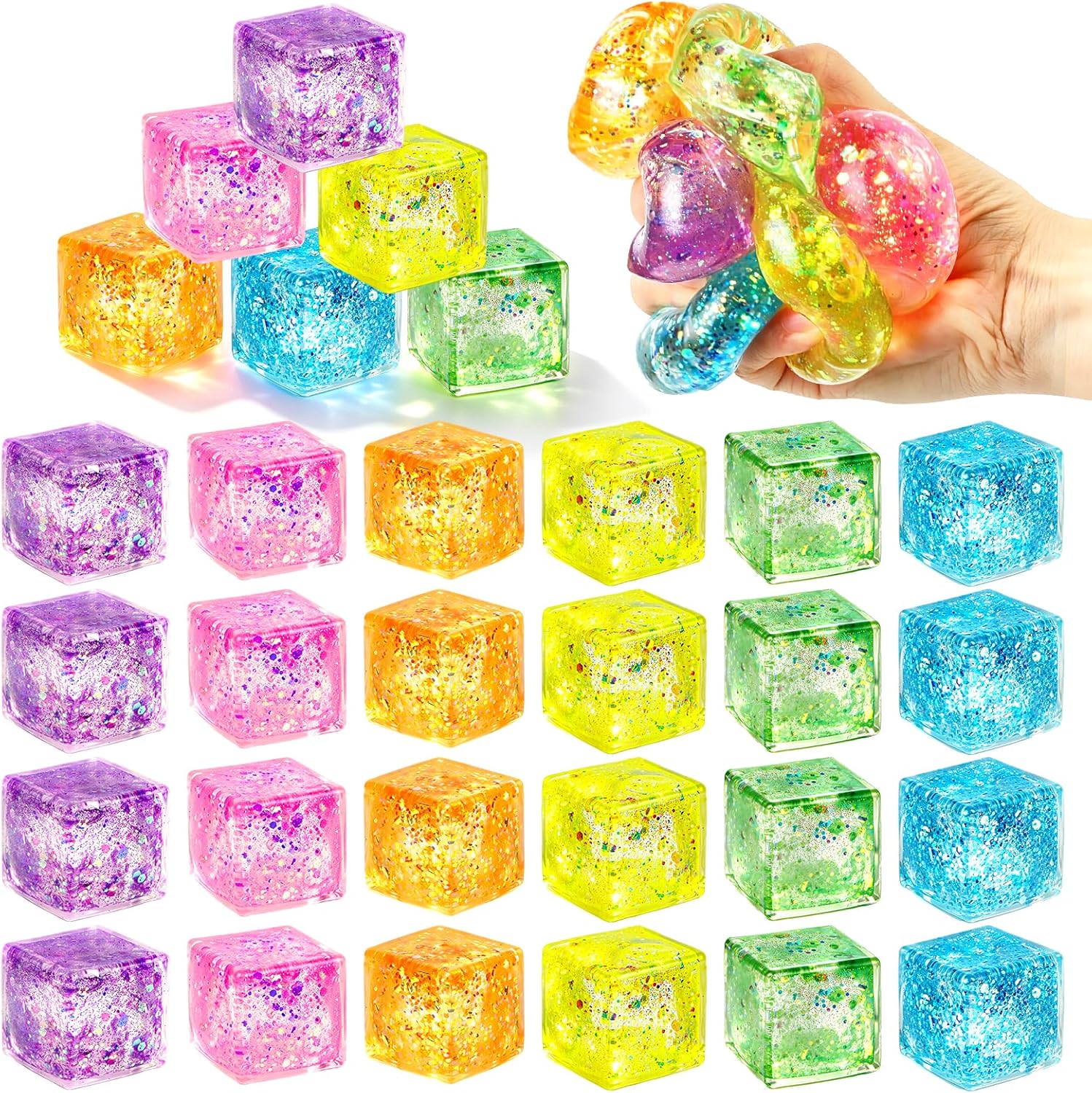24Pcs Glitter Cube Colorful Sensory Ice Fidget Toys Squeeze Balls Bulk for Anxiety Stress Relief Stress Ball Party Favors Classroom Prizes Gifts for Kids Teens Adults