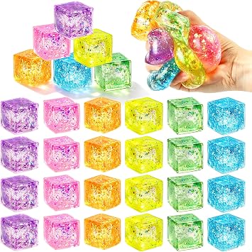 24Pcs Glitter Cube Colorful Sensory Ice Fidget Toys Squeeze Balls Bulk for Anxiety Stress Relief Stress Ball Party Favors Classroom Prizes Gifts for Kids Teens Adults