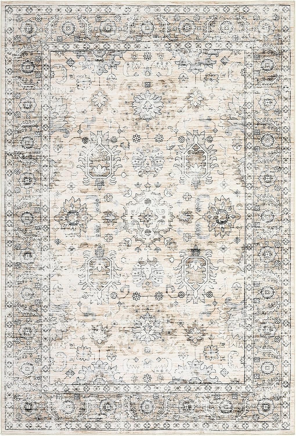 COZYLOOM Large Living Room Area Rug 9x12 Washable Rug Vintage Distressed Indoor Floor Covers with Rubber Bakcking Boho Accent Throw Carpet Traditional Rug Retro Rug for Bedroom Home Office, Beige
