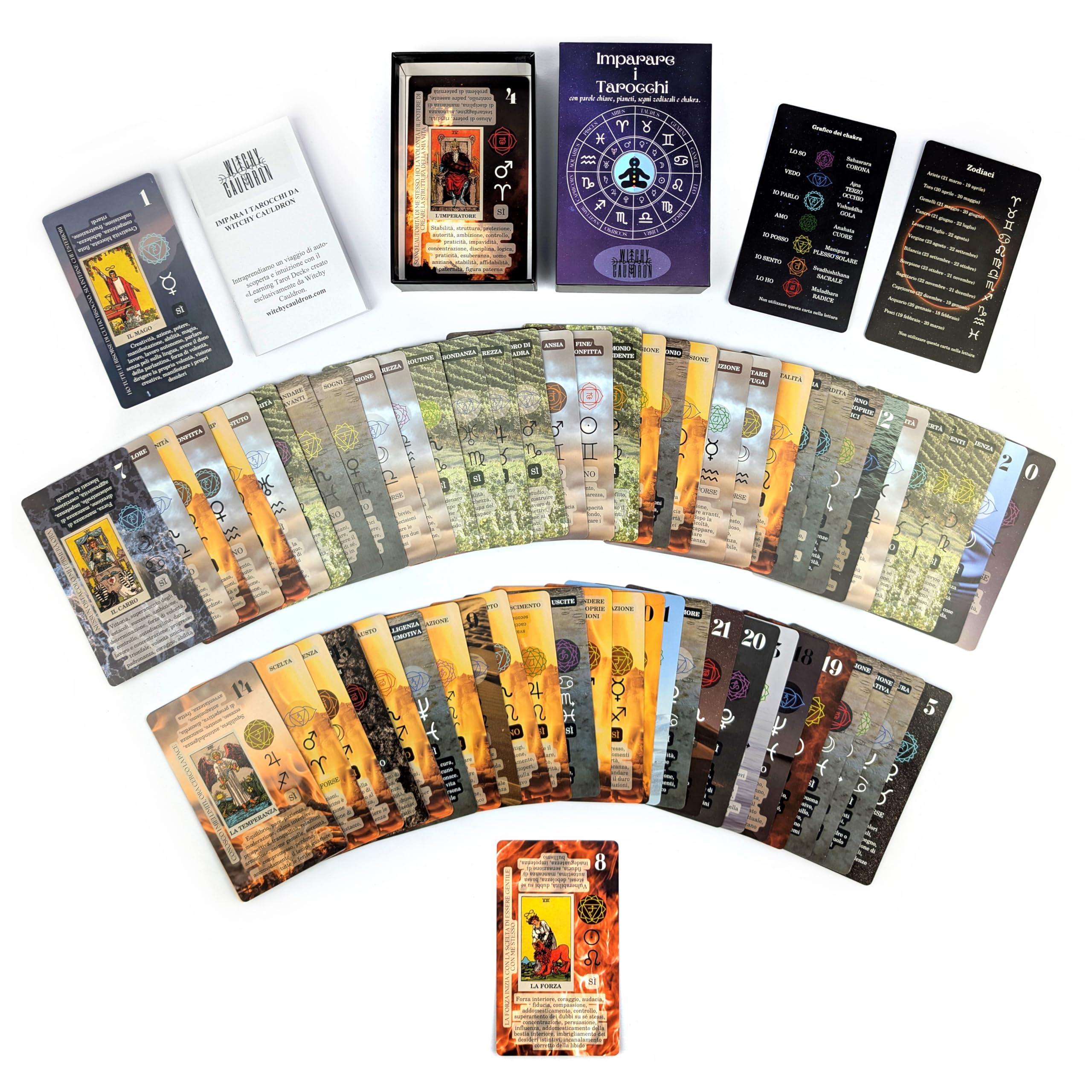 Witchy Cauldron Tarot Cards for Beginners, Learning Tarot with Meanings, Training Tarot Deck with Guidebook (język włoski)