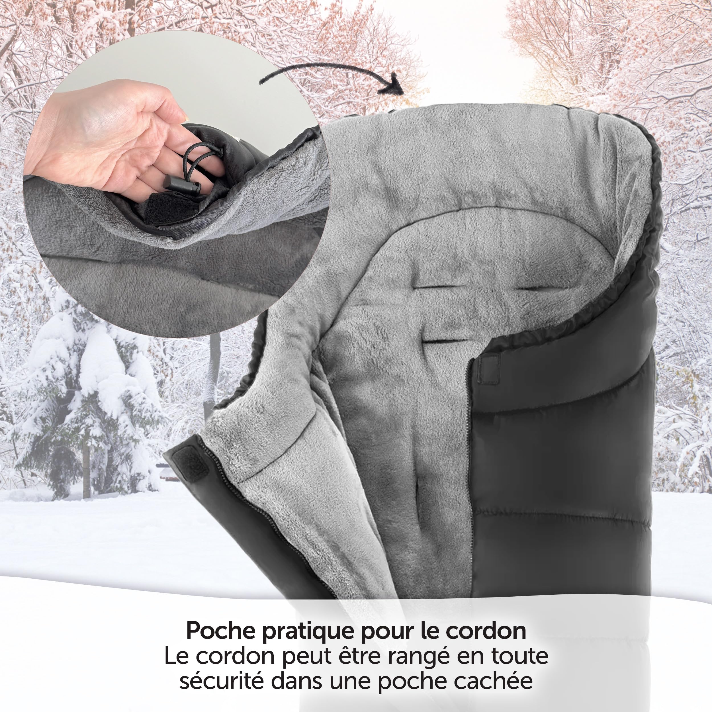 Zamboo Chanceliere Universelle Hiver pour Poussette et Landau – Nid d'ange Bebe en Polaire Thermique, Sac de Rangement, Antidérapant et Bandes Réfléchissantes – Noir