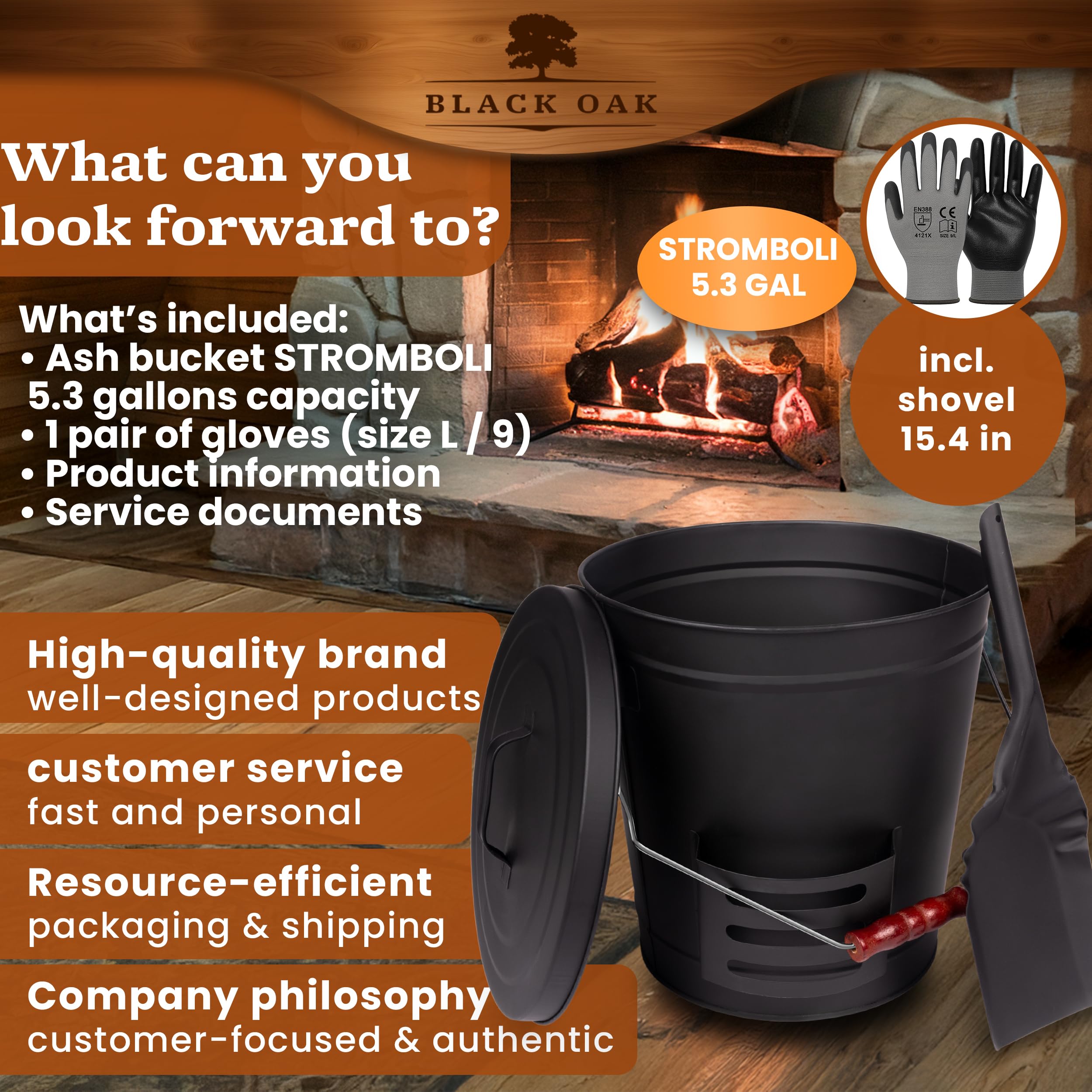BLACK OAK Secchio per cenere Stromboli 5.3 GAL - Nero con coperchio, pala e guanti - Manico argento - Grande 20L, Acciaio zincato ignifugo e verniciato a polvere, cenere e carbone, camino, stufa in