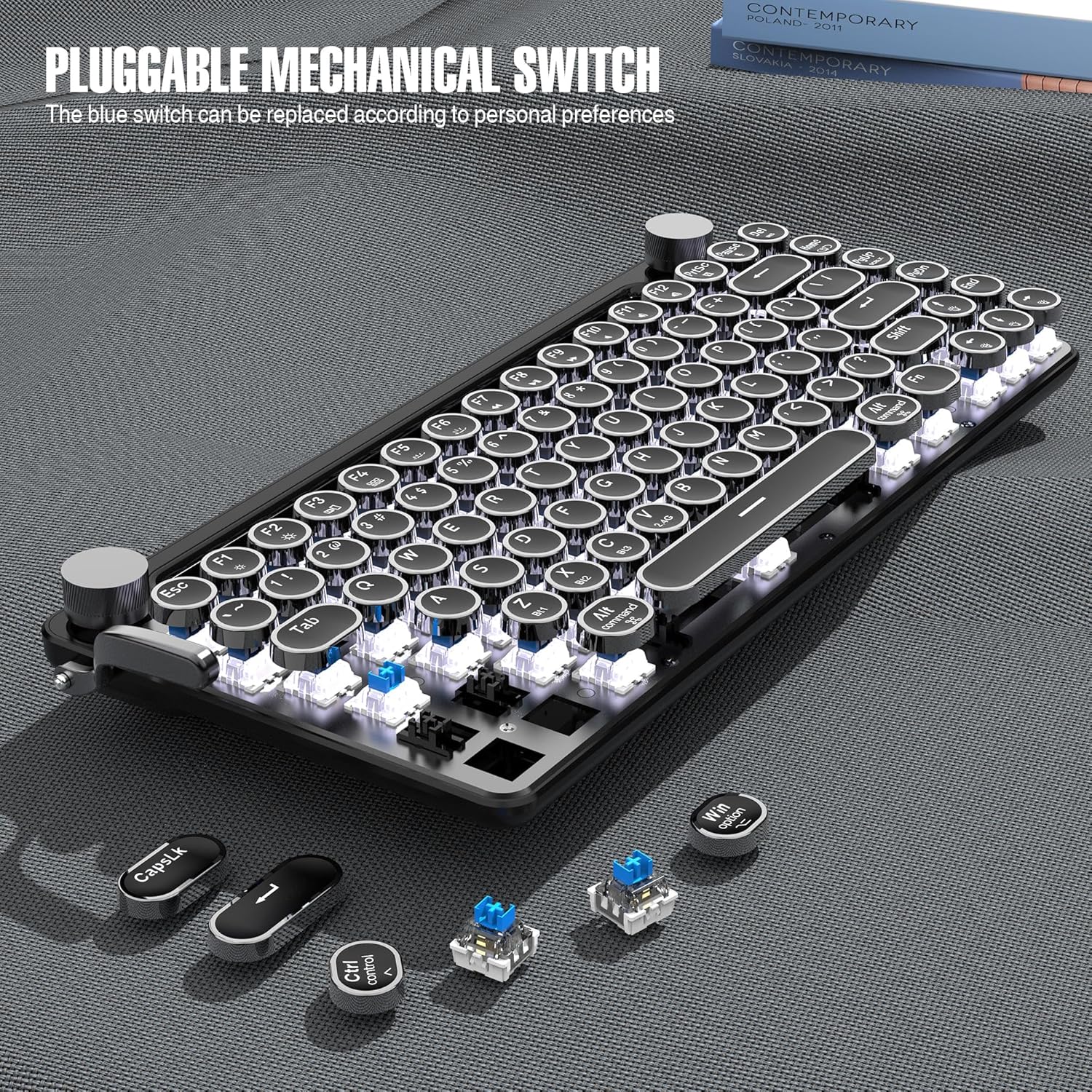 Image showing the pluggable mechanical switches of the 7KEYS keyboard, with individual switches removed.