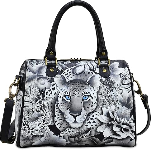 Anuschka Bolso clásico con cremallera de cuero pintado a mano para mujer, Leopardo de Cleopatra, Classic