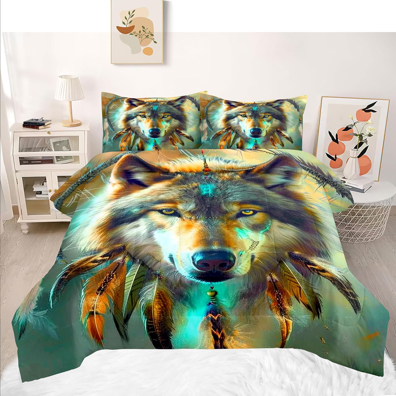 Full Comforter Safari Animals Bedding Set Aztec Tribal Feather Down Comforter for Girls Boys Kids Adults Dream Catcher Wolf Bedding Sets Bohemian Soft Microfiber Bed Set for All Seasons