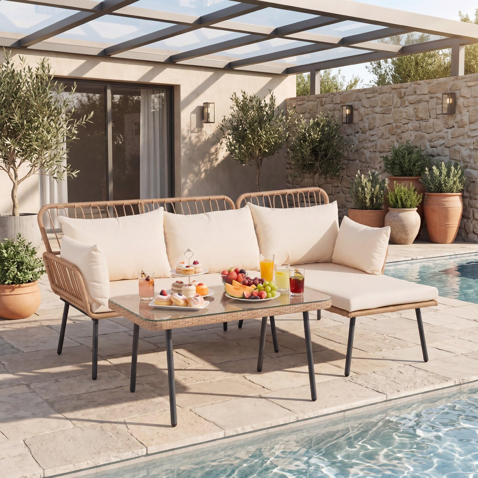 GIANTEX Conjunto de Jardín de Ratán 3 Piezas con Sofá Esquinero | Muebles de Exterior con Cojines y Mesa de Centro con Encimera de Vidrio, para Patio, Piscina y Terraza
